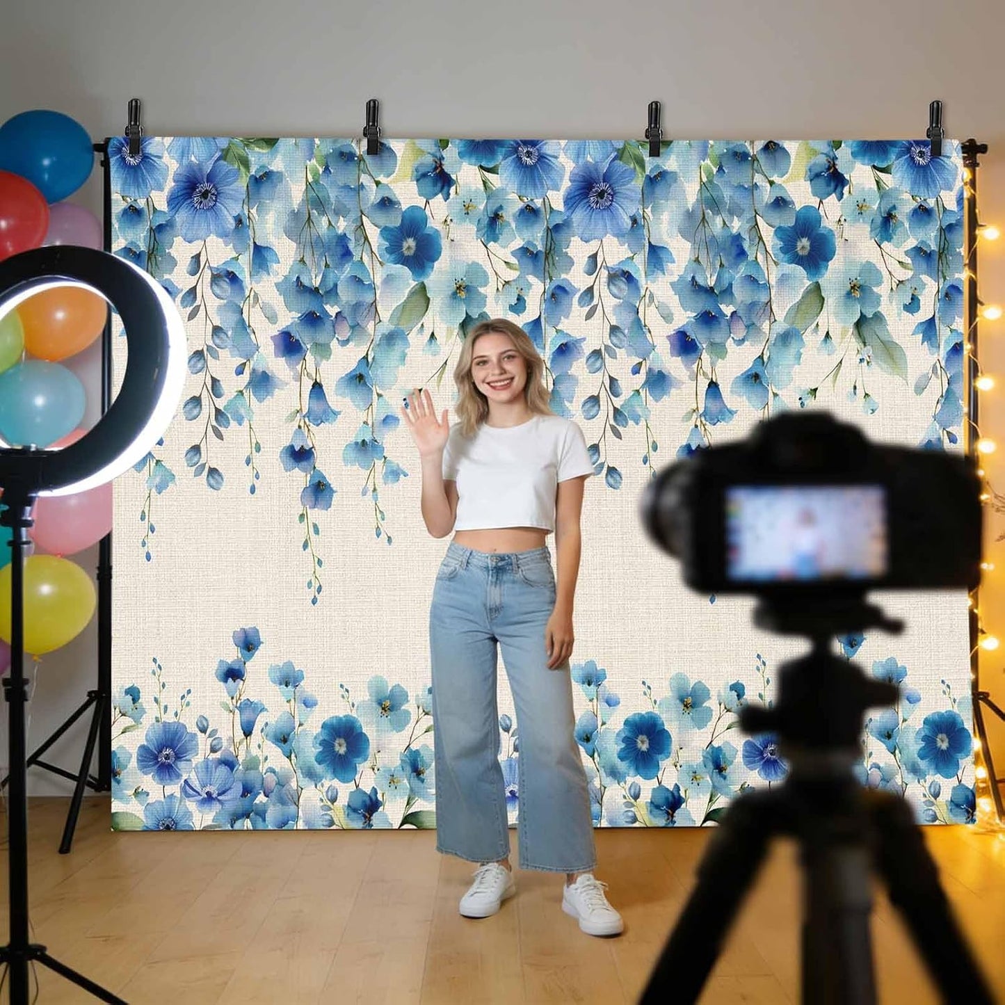 VANPTBNHS 10x8ft Curtain,Country Photography Backdrop,Retro Blue Flowers on Jam Professional Photography Background