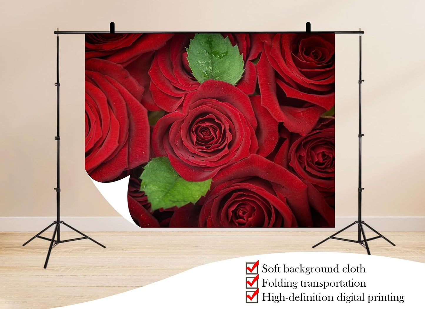 UPXIO 10x8ft Red Roses with Green Leaves Backdrop Romantic Floral Bouquet Photo Background Tapestry for Valentine's Day