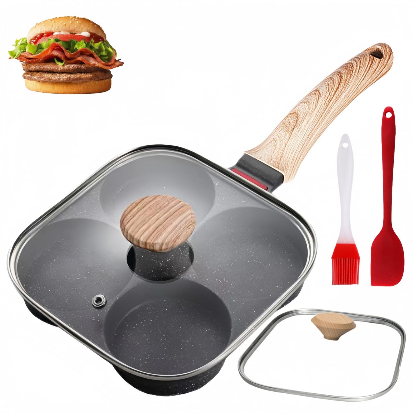 HUPECHAM Egg Pan With Lid 4-Cup Nonstick, and Healthy Granite Egg Frying Pan, Versatile Breakfast Skillet for Eggs, Pancakes, Plett, Crepes, Compatible with Gas Stove and Induction Cooktop