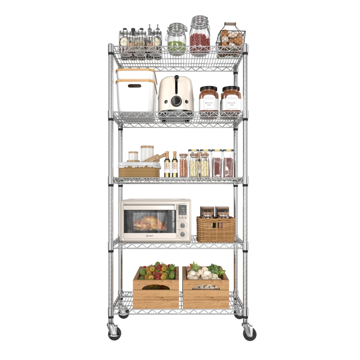 BlueWish 5-Tier Heavy Duty Steel Wire Shelving Unit with Wheels, Adjustable Storage Shelving Unit, 18" D x 36" W x 76" H NSF Certified Rolling Shelving for Kitchen Garage Basement Warehouse, Chrome