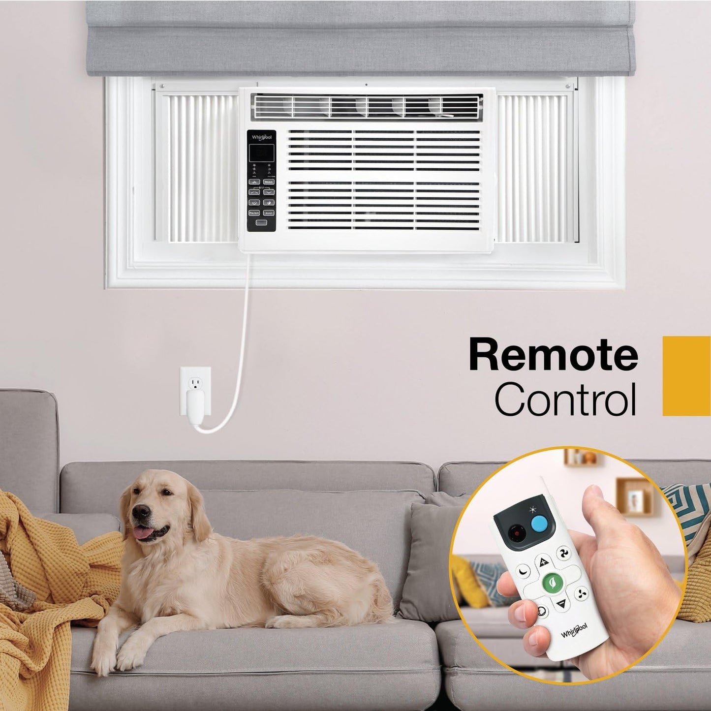 Whirlpool 8,000 BTU Window Air Conditioner with Dehumidifier, 115V, Window AC for Rooms up to 350 Sq. Ft., Living Room, Bedroom, or Apartment, with 3 Speeds, Remote Control, and 24H Timer, White