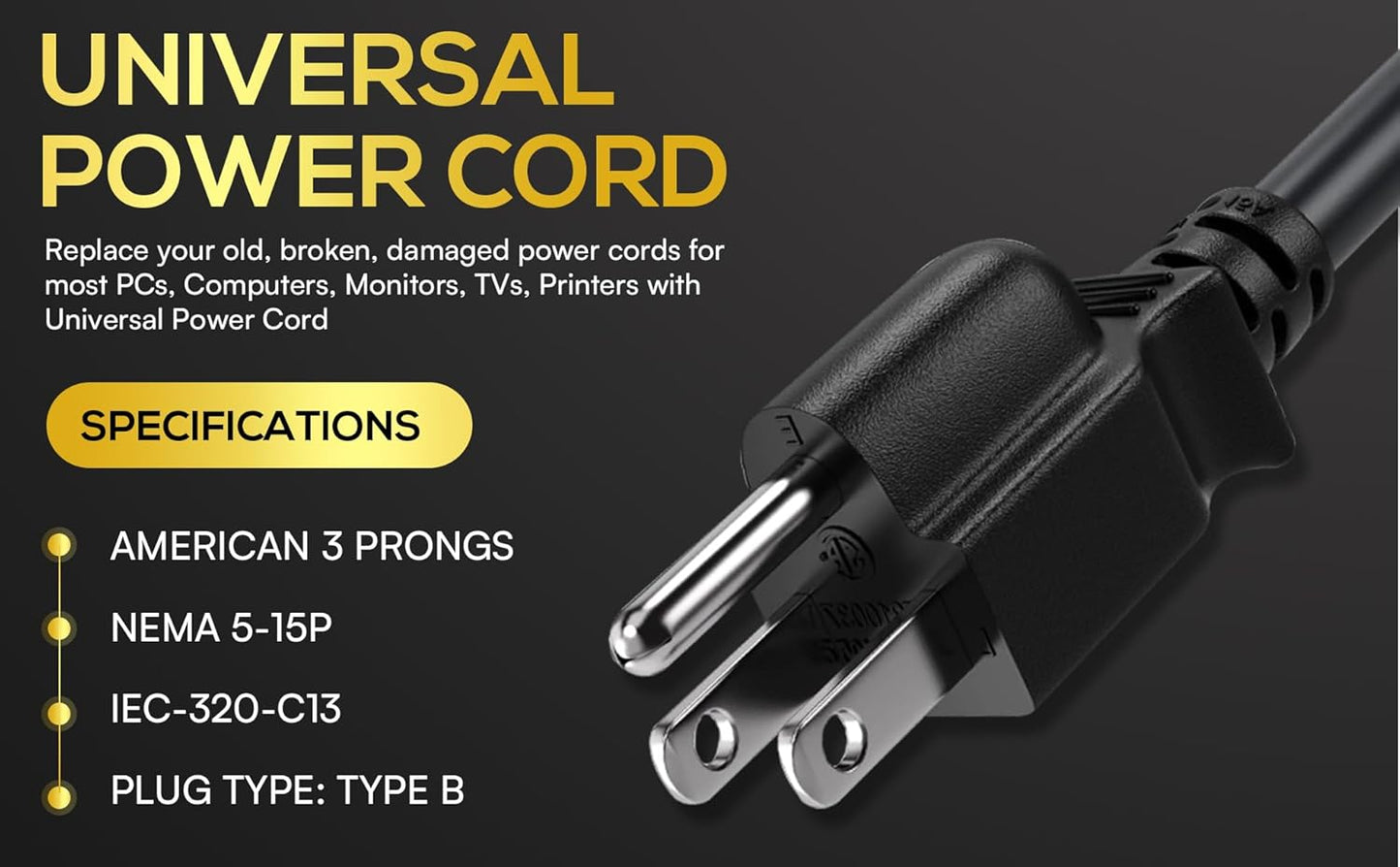 Cable Leader 4ft 18 IEC320 C13 5-15P, AWG Universal Power Cord to NEMA Extension Power Cord, Compatible with Computers