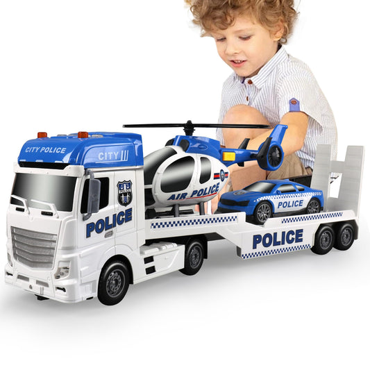 Dwi Dowellin Toddler Boy Toys for 3 4 5 6 Year Old, 25" Semi Truck Toy with Racing Car and Helicopter - Police Toys,Birthday Gifts for Kids Child 2 3 4 5 6 Years Old