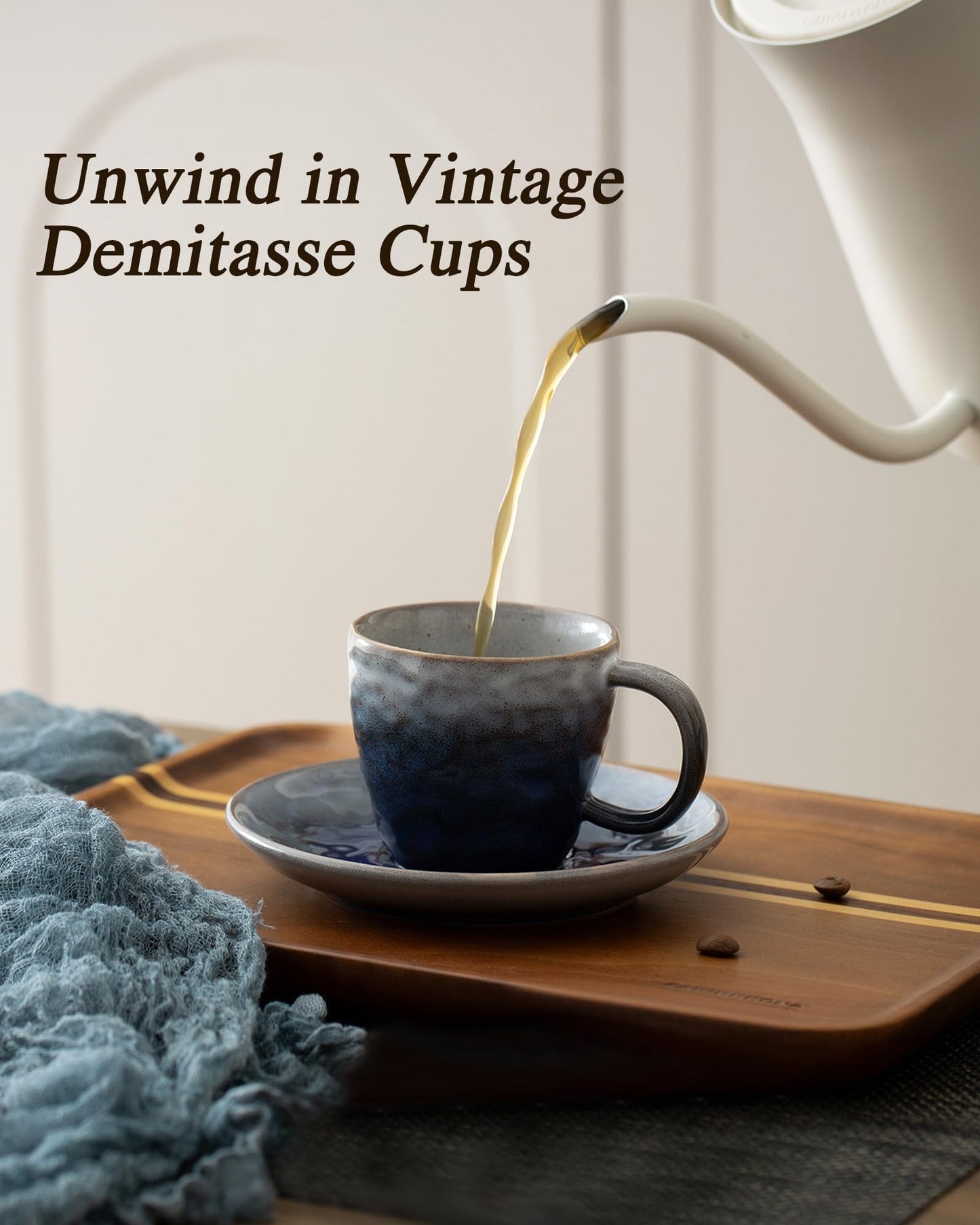 BOILMERIT 3 oz Espresso Cups Set of 4, Mini Italian Double Espresso Coffee Cup, Vintage Small Ceramic Demitasse Cups with Saucer for Lungo Coffee, Blue