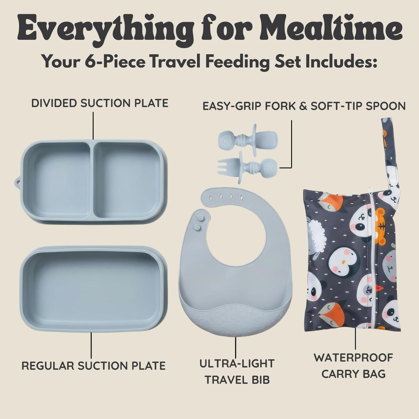 Baby Travel Essentials 6 Pc Silicone Feeding Set - Portable Toddler Plates with Suction, Baby Spoons & Foldable Bib in Carrying Case - BPA-Free Infant & Toddler Utensils for Airplanes & Eating Out