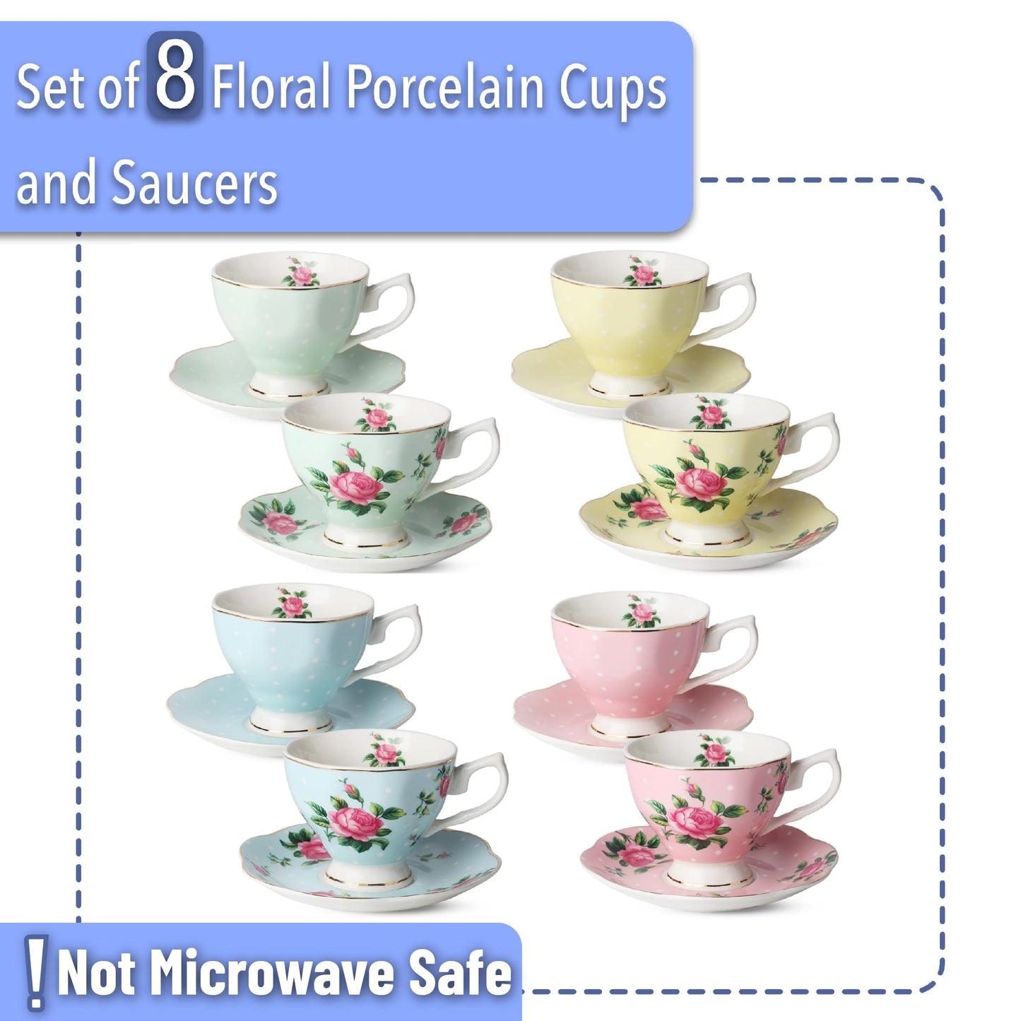 BTaT- Floral Tea Cups and Saucers, Set of 8, 8 oz, Fine Porcelain Teacup Set with Gold Trim for Afternoon Tea, Weddings, Parties & Gifting, Dishwasher Safe, Lightweight, Non-Toxic, Mothers Day Gift