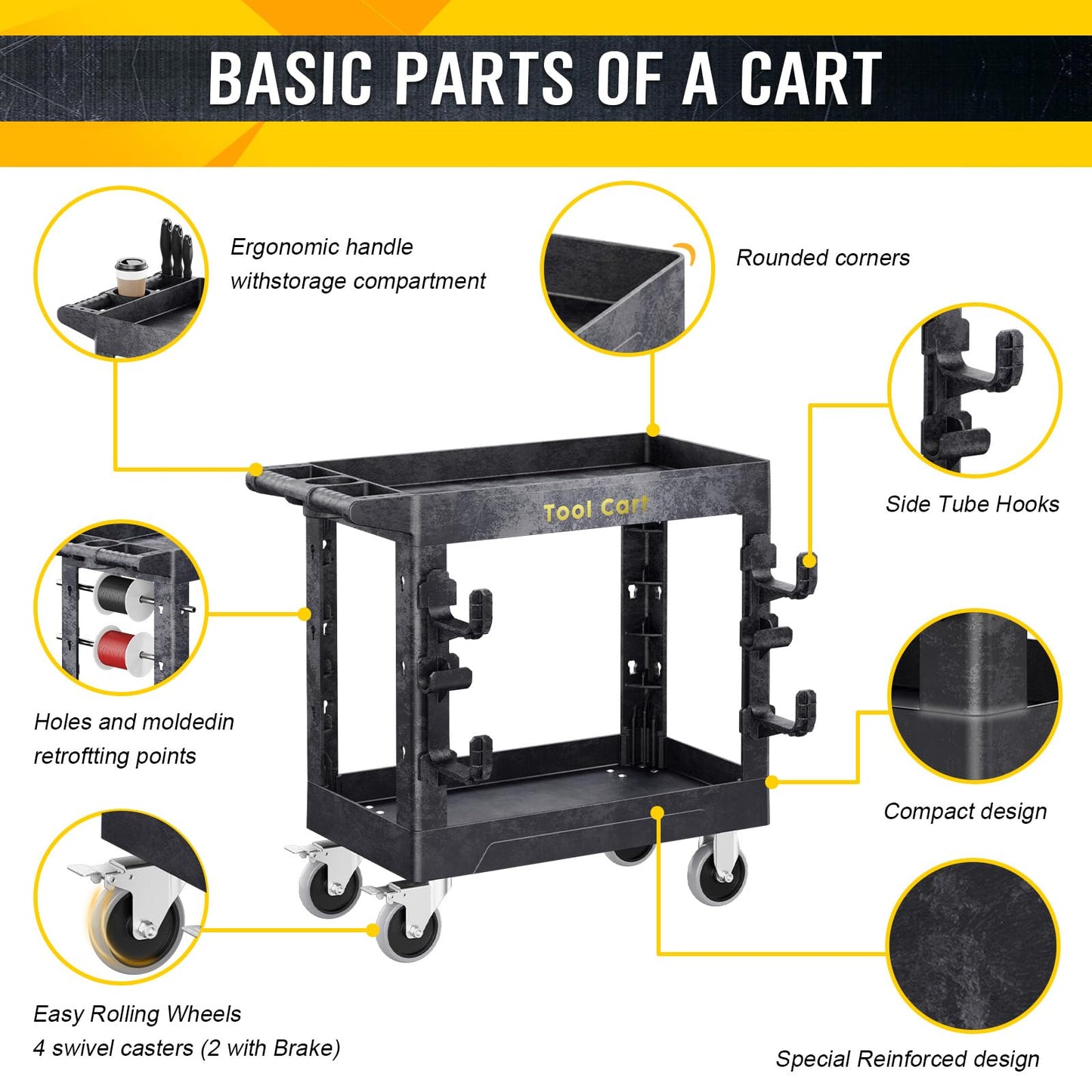 BSMTEK 850lbs Heavy Duty Plastic Utility Cart 34 x 17 Inch-Heavy Work Rolling Cart with Upgraded Side Tube Holder Hooks, 2 Tier Service Cart with Full Swivel Wheel for Warehouse,Garage, Cleaning,Black