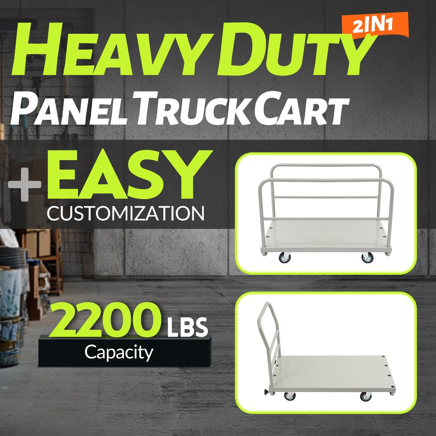 Gelacie 42x24inch Steel Truck Cart, Flat Dolly Cart, Flatbed with 2200 lbs Capacity Platform Truck, Heavy Duty Lumber Drywall Dolly, 4 Swivel Casters, Board with w/1 Front & 2 Side Handrails Silvery