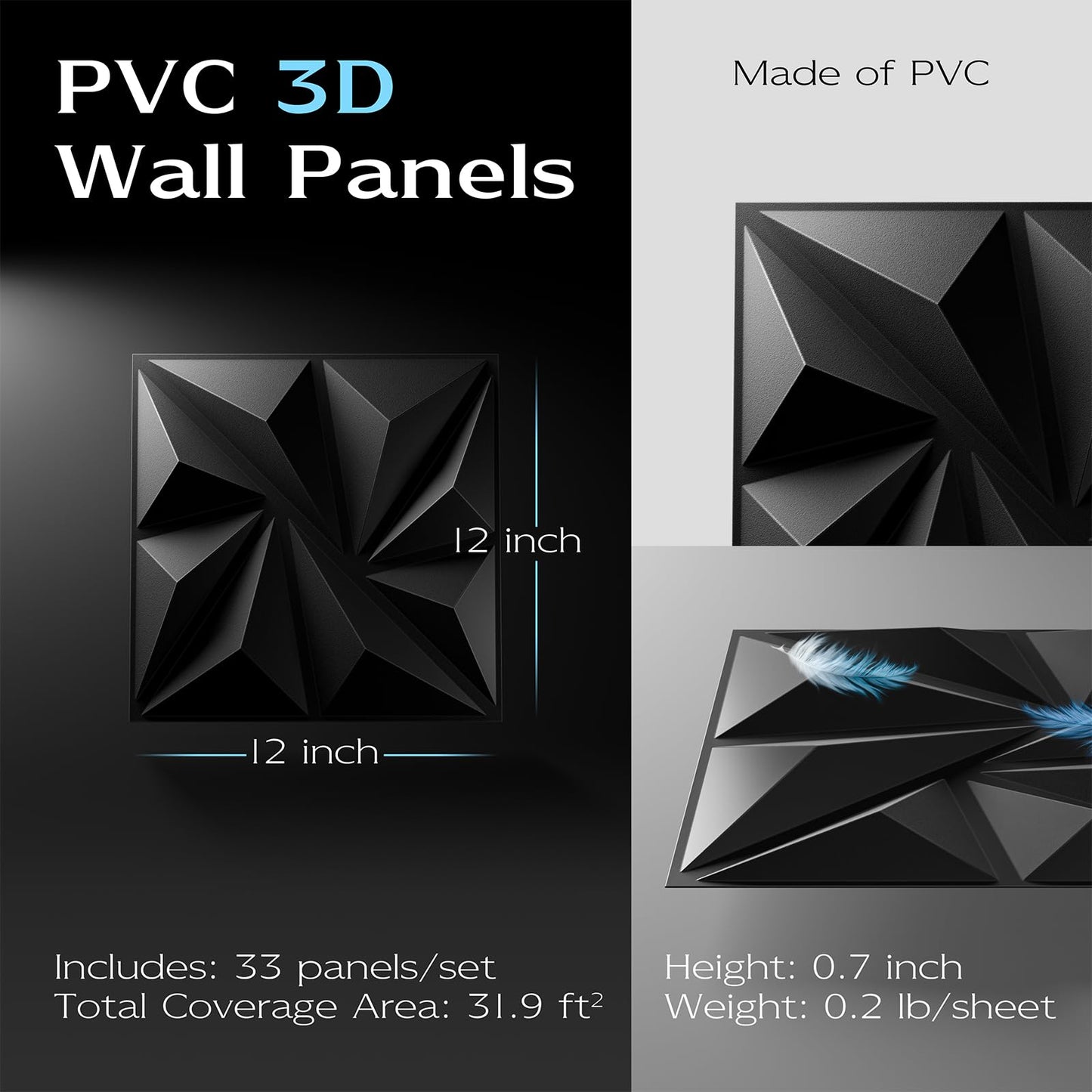 33-Pack 3D Wall Panels, 129" x 35" Textured Geometric Design Wall Tiles, PVC Decorative Wall Panels for Living Room, Bedroom, Bathroom, Office, Modern Wall Decor, Easy Install & Paintable- Black