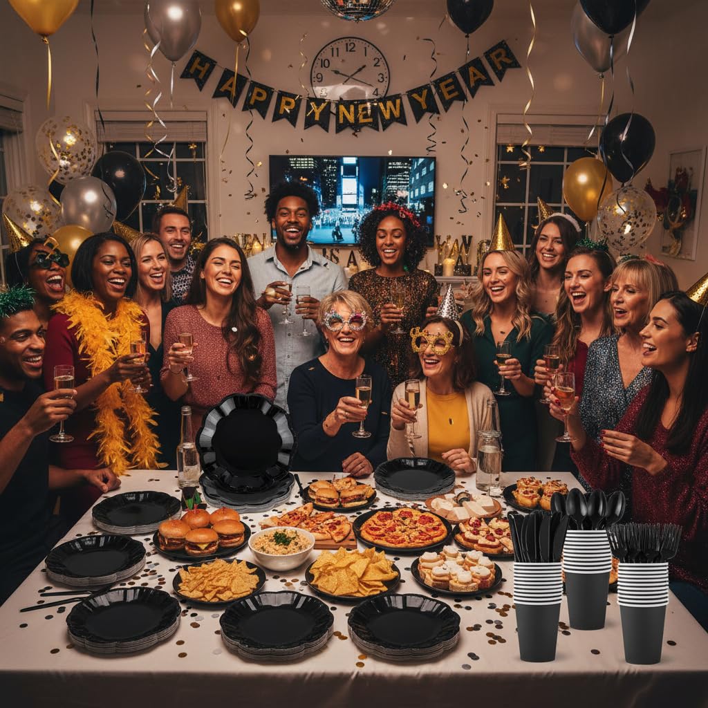 175 Pcs Black Plates and Napkins Set, 25 Guest Black Party Supplies Include 9" Dinner Plates and 7" Dessert Plate Paper Napkins Cup Disposable Plastic Cutlery for Wedding Birthday Graduation Party
