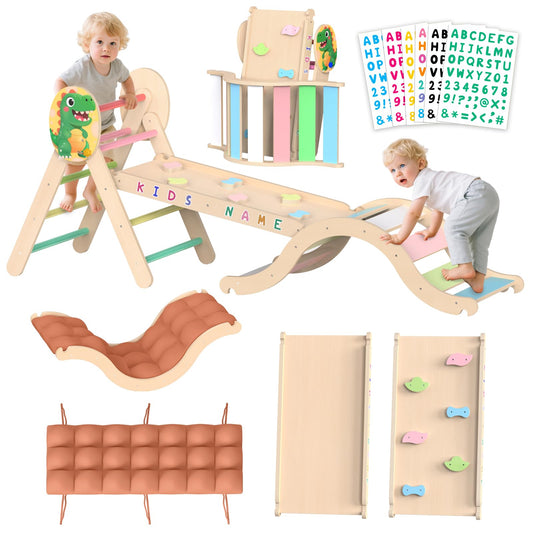 Acenova Pikler Triangle Climbing Set with Cushion and DIY Name Stickers, Montessori Wooden Climbing Gym for Toddlers, Indoor Jungle Gym, Dinosaur Pikler Triangle Arch Ramp Climber Toy