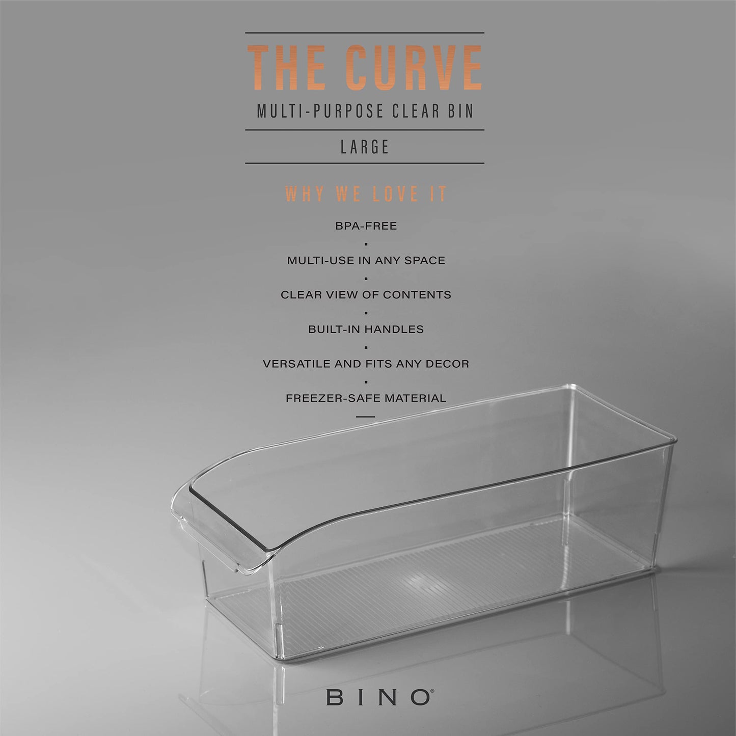 BINO | Plastic Storage Bins, Large | THE CURVE COLLECTION | Multi-Use Fridge / Freezer Organizer | Built-In Handle | BPA-Free | Pantry and Home Organization