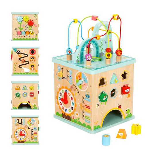 OOOK All-in-one Activity Center, 5 in 1 Baby Activity Table with Gear Game, Kids Sensory Table Play Cube with Montessori Calendar, Bead Maze, Shape Sorter, Ball Drop and More