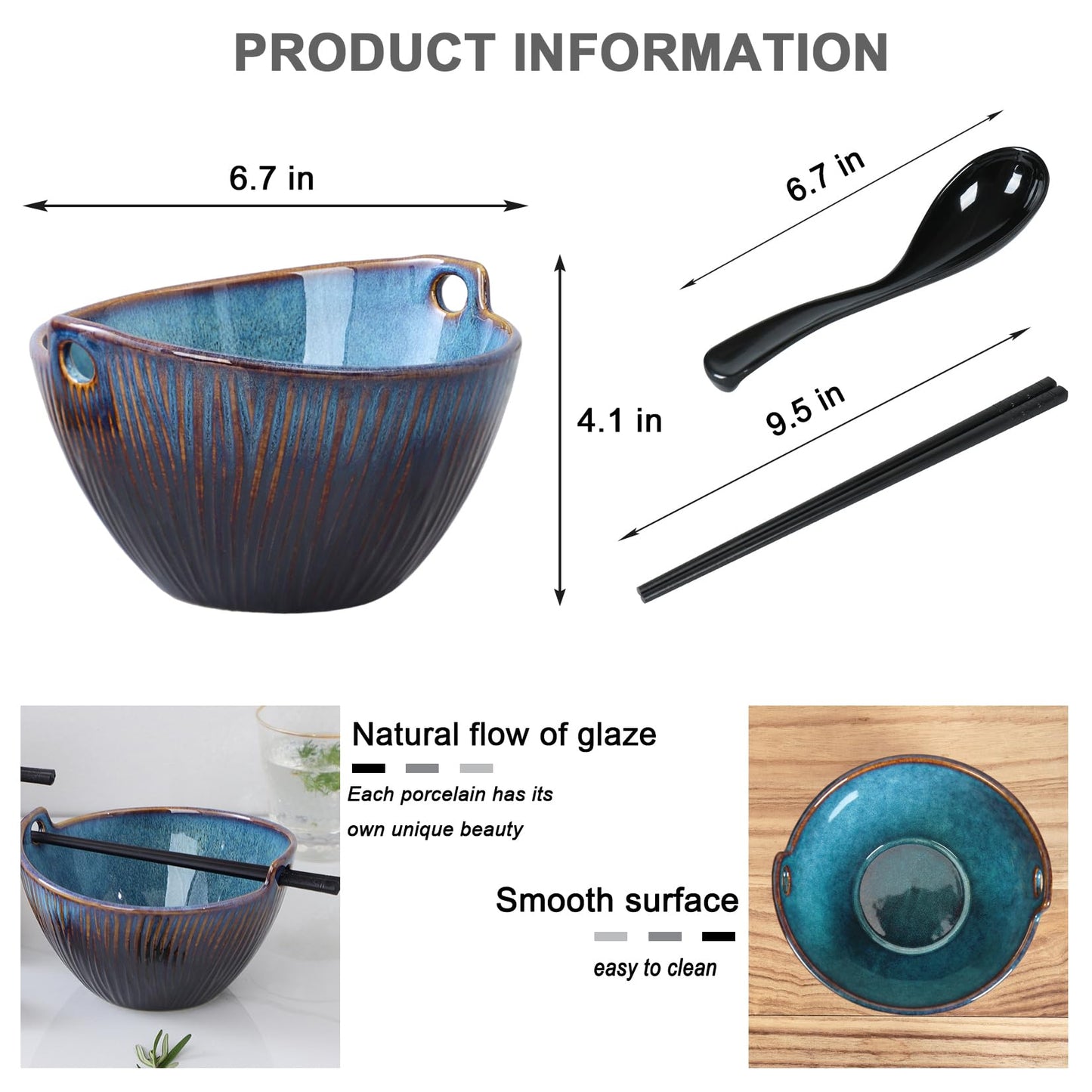 STE-CER Ceramic Ramen Bowl with Chopsticks and Spoons Set, 6.7 Inch Noodle Bowl Set for Pho Udon Soba, Set of 2 (Sky Blue)