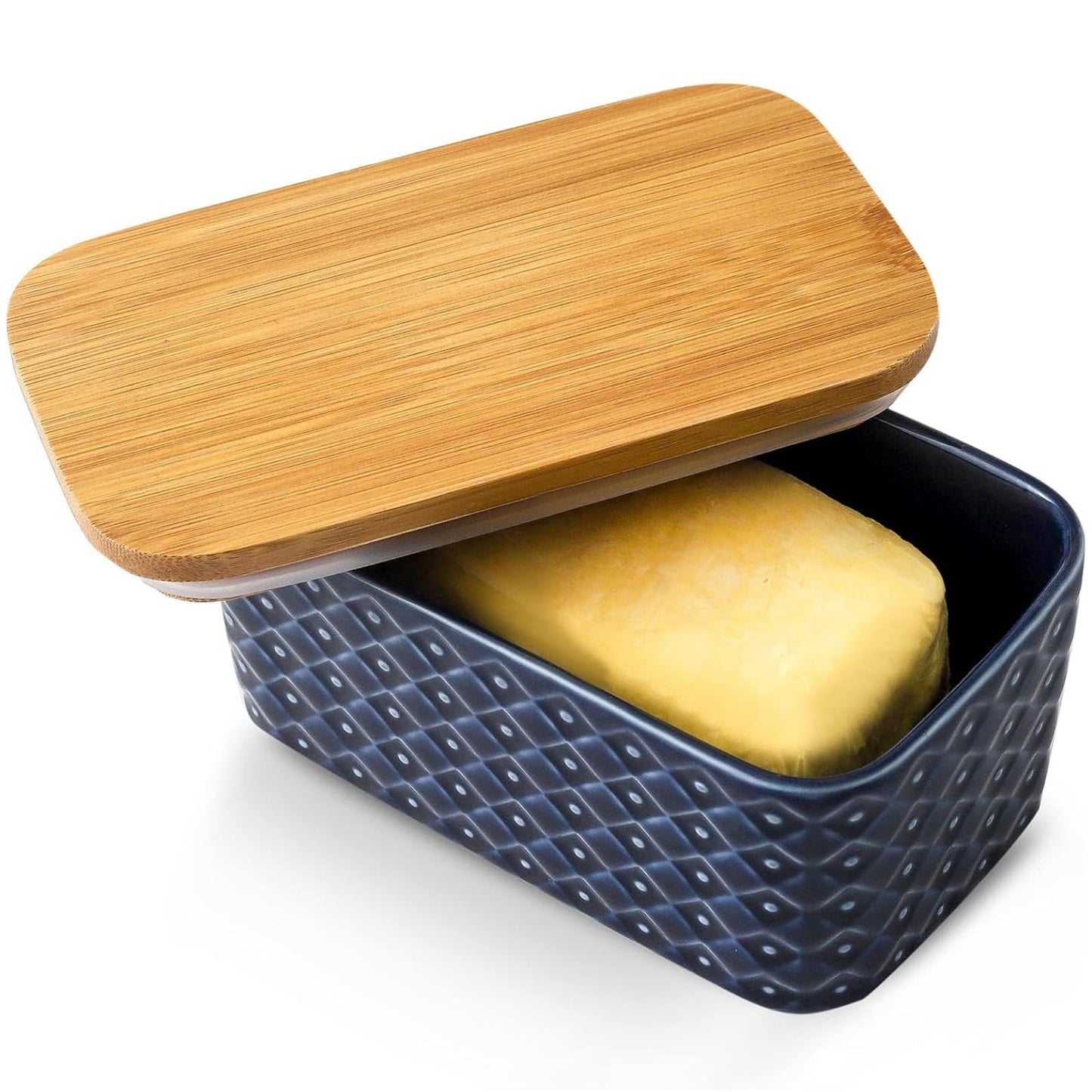 Hasense Ceramic Butter Dish with Lid, Large Butter Container for Countertop Airtight Butter Stick Covered Keeper,Navy Blue Embossed Pattern,Easy Clean Dishwasher Safe