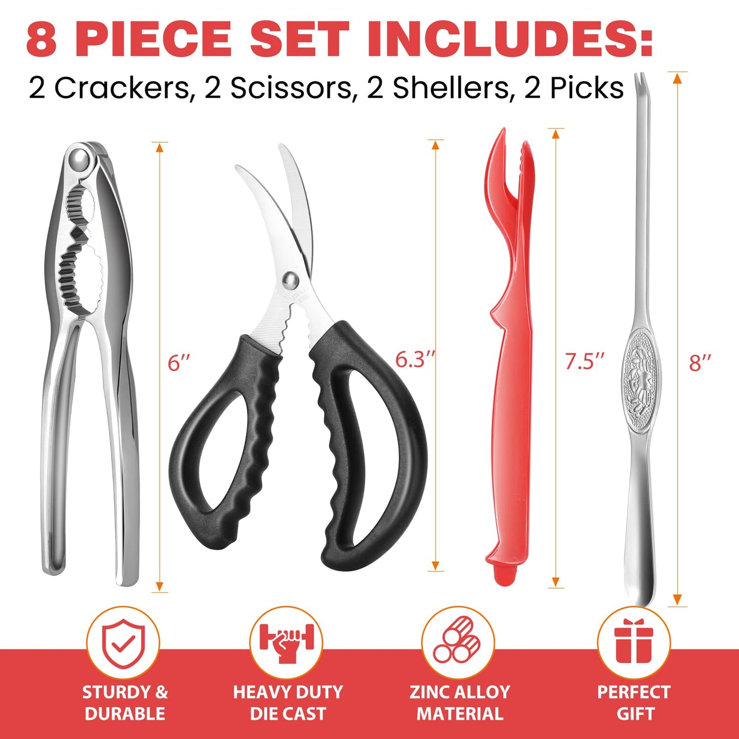 8pcs Premium Crab Crackers and Tools Set, Stainless Steel Crab Leg Cracker Tool, Seafood Scissors, Picks, Shellers, and Storage Bag