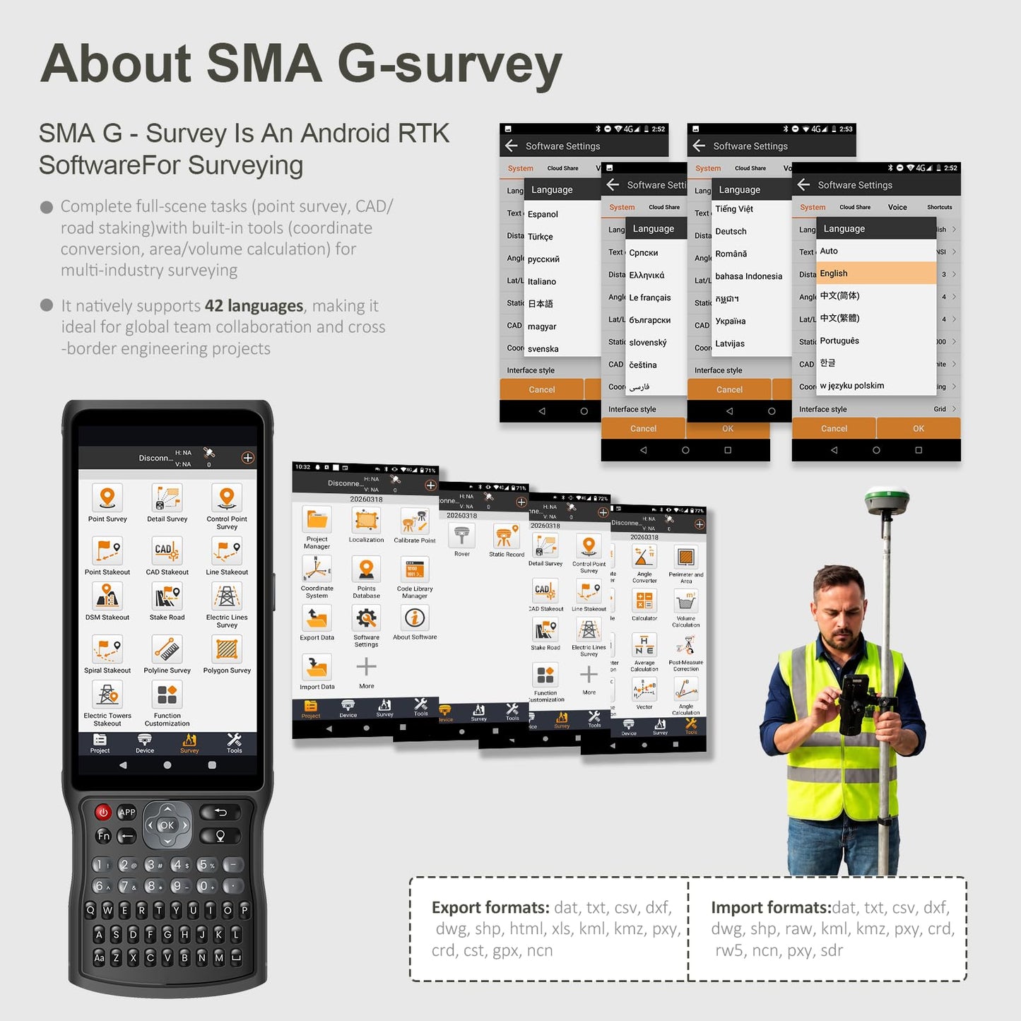 RTK GNSS Surveying Equipment Switchable Rover 32G Storage | Handheld Collector + Survey Software | Work as Base Station for Drones | Static & RTK Land Survey | SMA26 Pro(Pole Not Included)