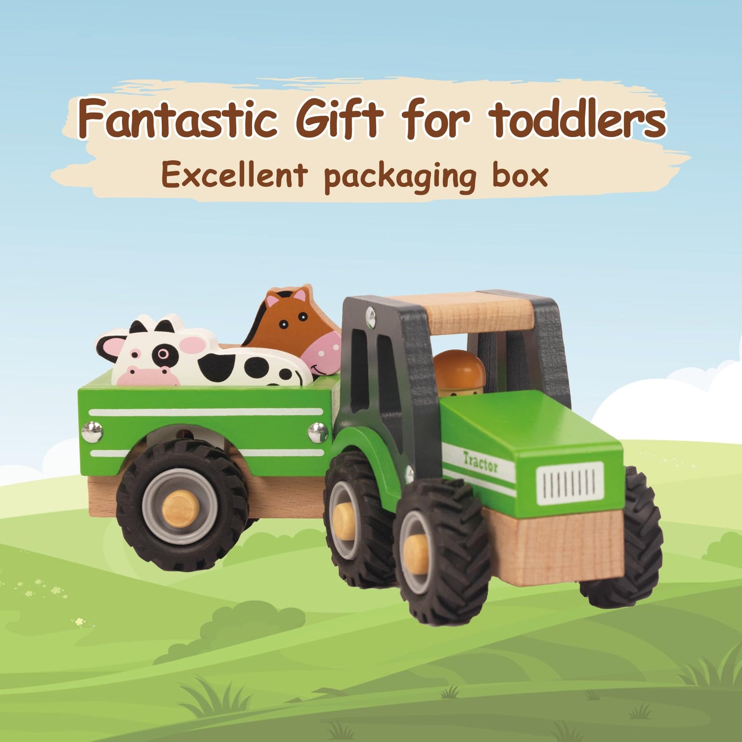 WoodenEdu Wooden Tractor Toys for Toddlers 1-3, Baby Vehicle Toys Hand Push Car Toys for 1 2 3 Year Old Boys Girls (Green)