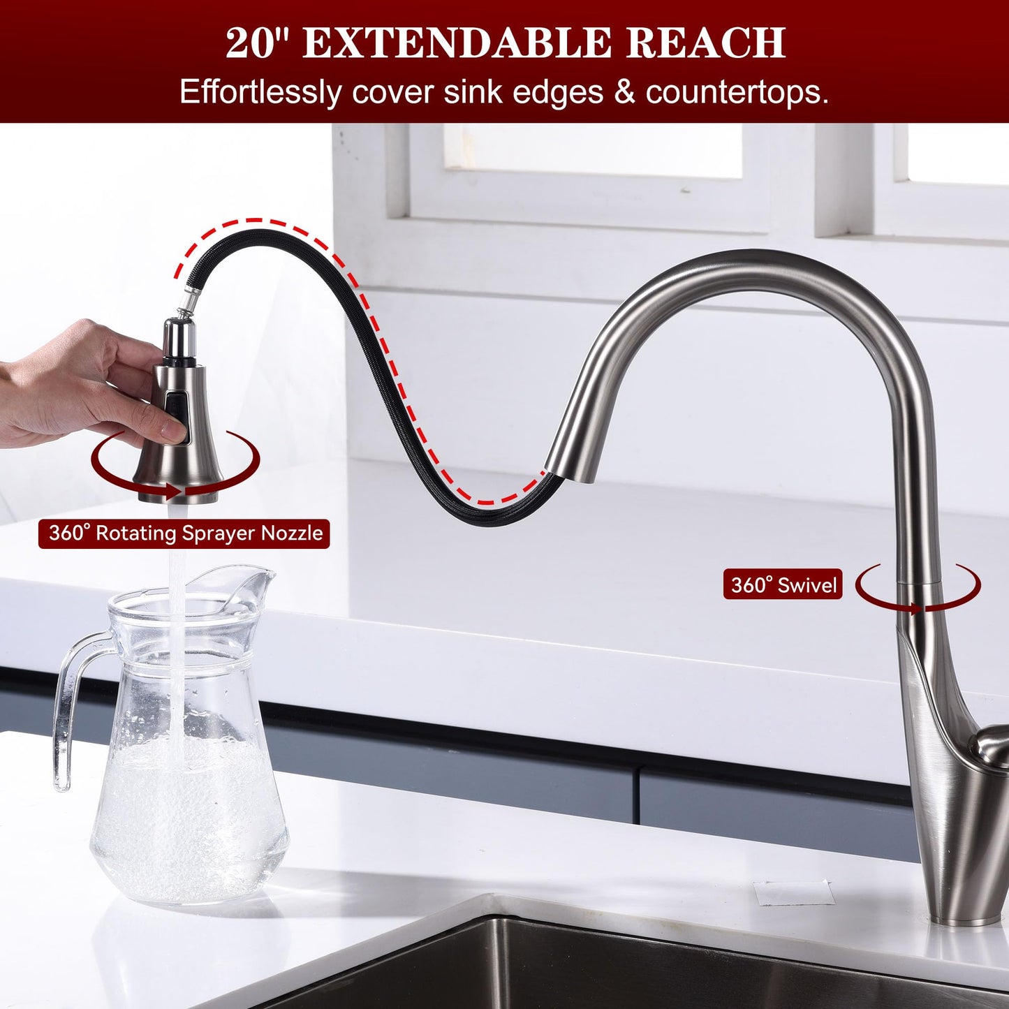 sumerain Brushed Nickel Single Handle Pull Out Kitchen Faucet, Stainless Steel 1 Hole Kitchen Sink Faucet with Pull Down Sprayer