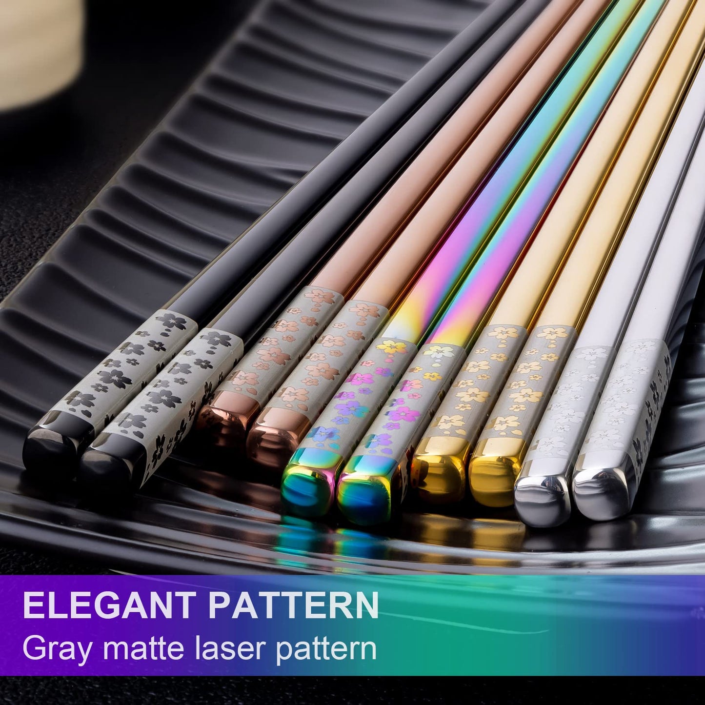 FOFAYU Metal Chopsticks Reusable 5 Pairs Multicolor Stainless Steel Chopsticks Dishwasher Safe Square Lightweight Non-Slip Chop Sticks Present Set