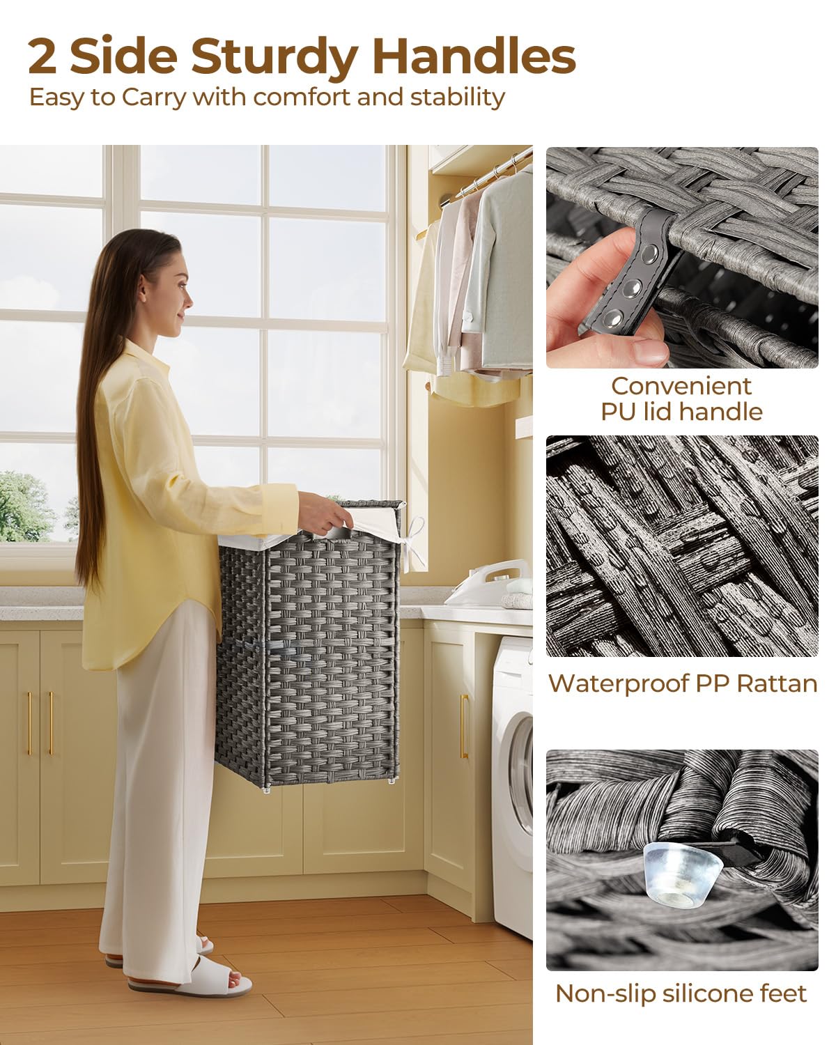 Greenstell Laundry Hamper with Lid, 90L Clothes Hamper with 2 Removable Liner Bags & 2 Mesh Laundry Bags, Handwoven Synthetic Rattan Laundry Basket for Clothes, Toys in Bathroom, Bedroom Grey