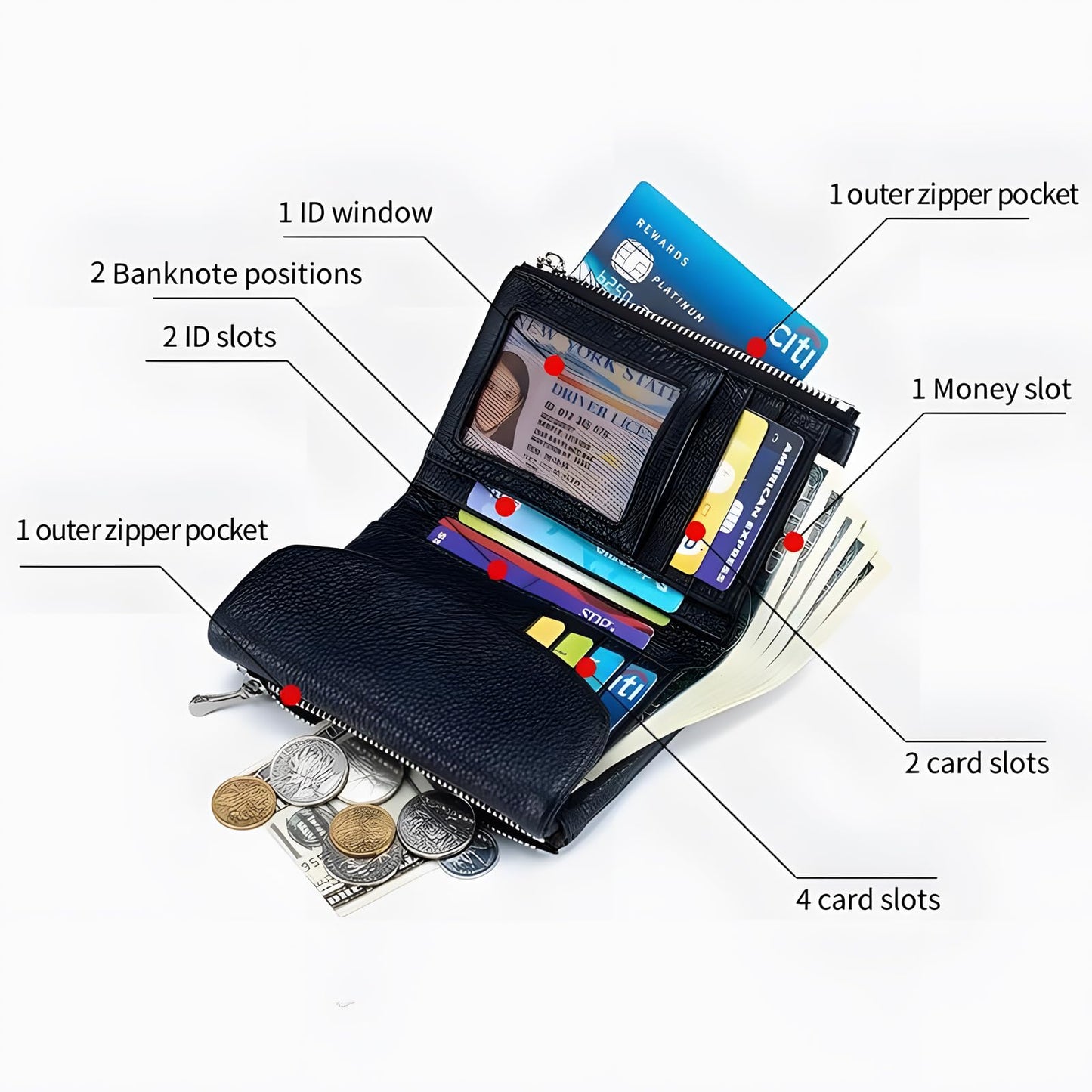 Unisex Pebble Leather Wallet, 5.3In Short Genuine Leather Coin Card Holder, Two zippered pockets, Unisex Clutch Bags, Can Hold Coins, Cards, Id Cards (Dark blue)