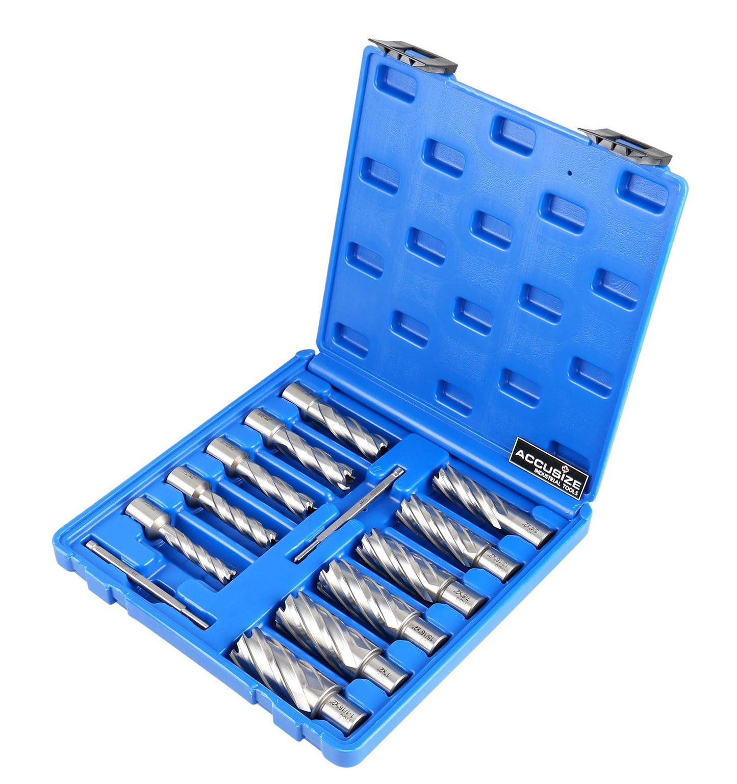 Accusize Industrial Tools 13 Pc 7/16'' to 1-1/16'' H.S.S. Annular Cutters, 2'' Cutting Depth, 3/4'' Weldon Shank, with 2 Pilot Pins, Strong Case, N2