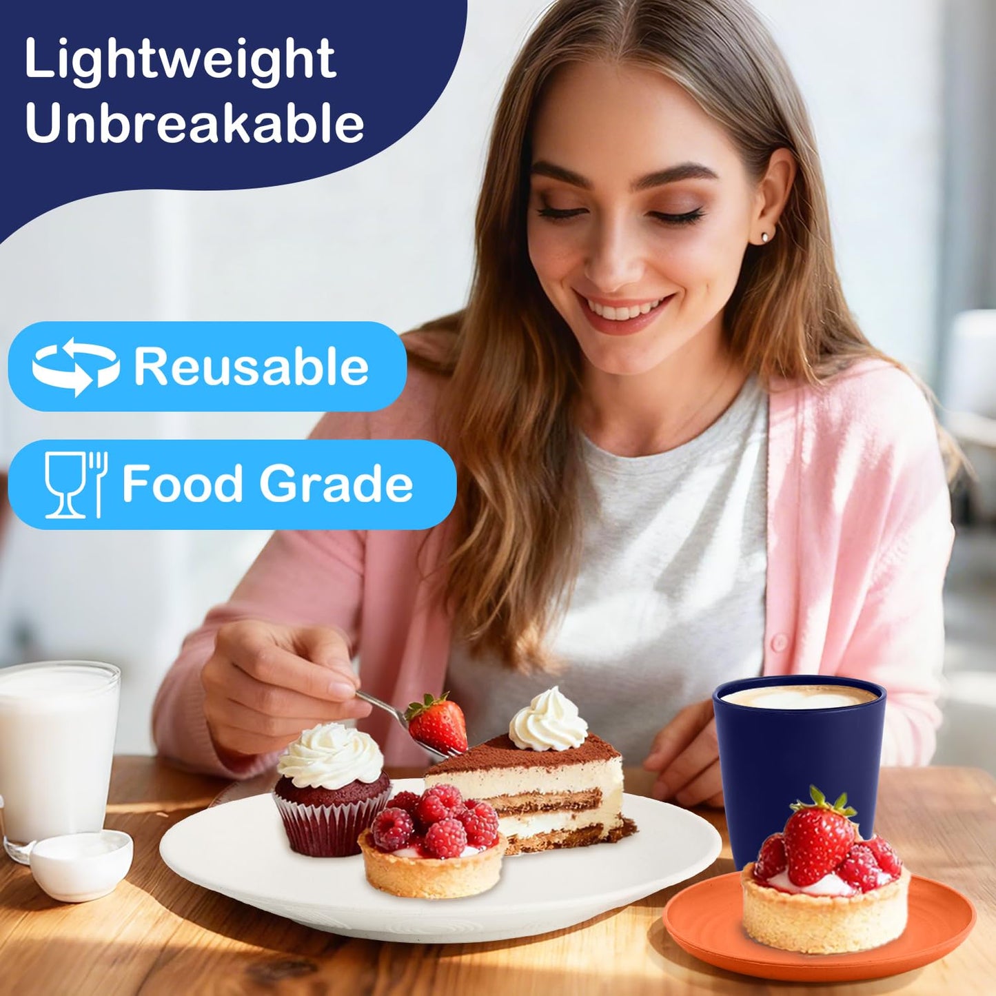 Perlapoc Wheat Straw Dinnerware Sets 40 PCS - Dishes Set for 8 Unbreakable Plates and Bowls Sets with Cups Dishwasher & Microwave Safe Lightweight Dinnerware for Kitchen Camping RV - Mondrian Colors