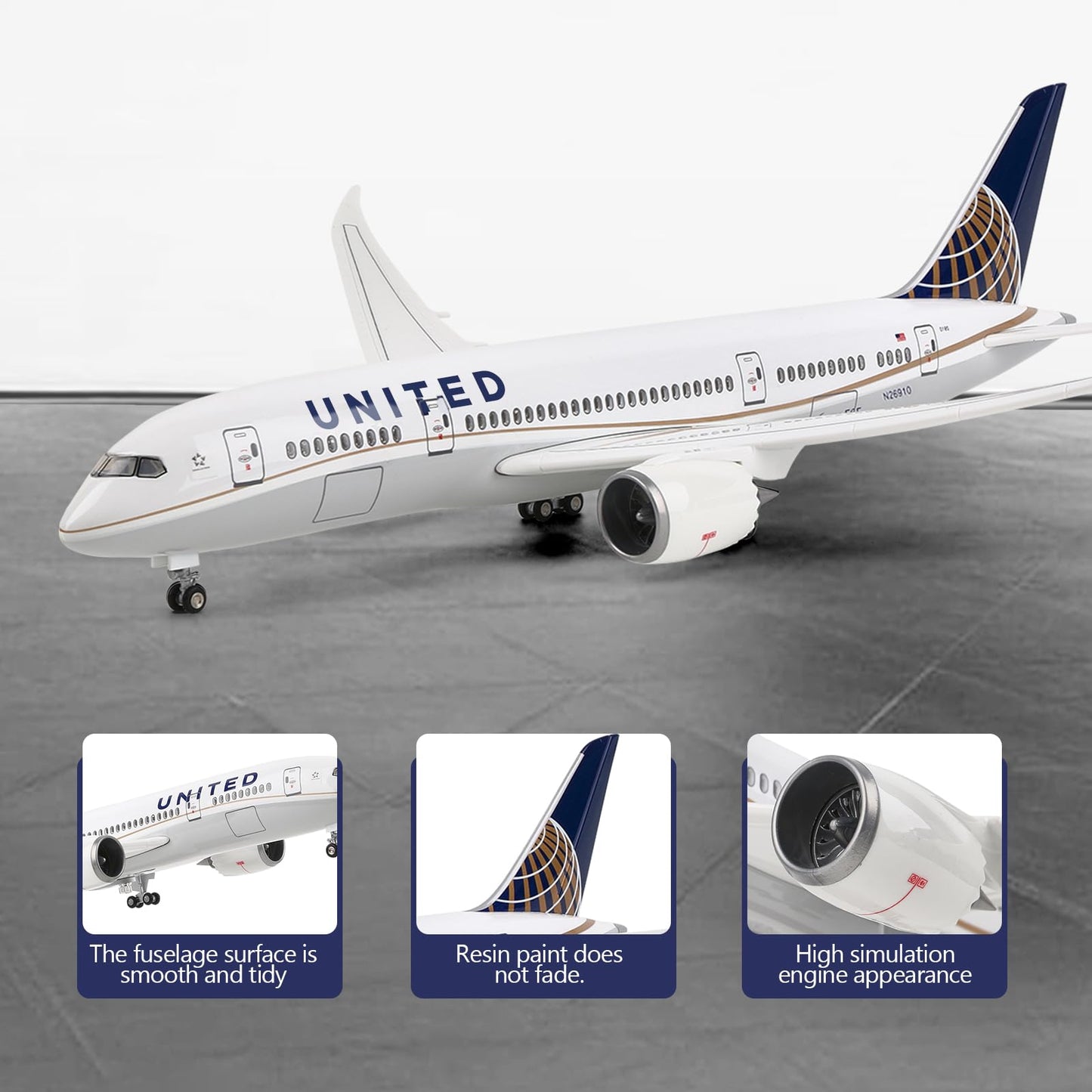 Bswath Large Model Airplane 1:130 American United Airway Boeing 787 Model Jet Plane Model for Adults with LED Light for Gift and Decoration