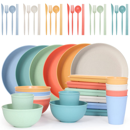 Becutlery Wheat Straw Dinnerware Sets, Unbreakable Dinnerware Set for 6,Reusable Lightweight Tableware Dinner Dishes, Bowls, Cups, tableware, 24pcs Dinnerware Microwave & Dishwasher & Kids Safe