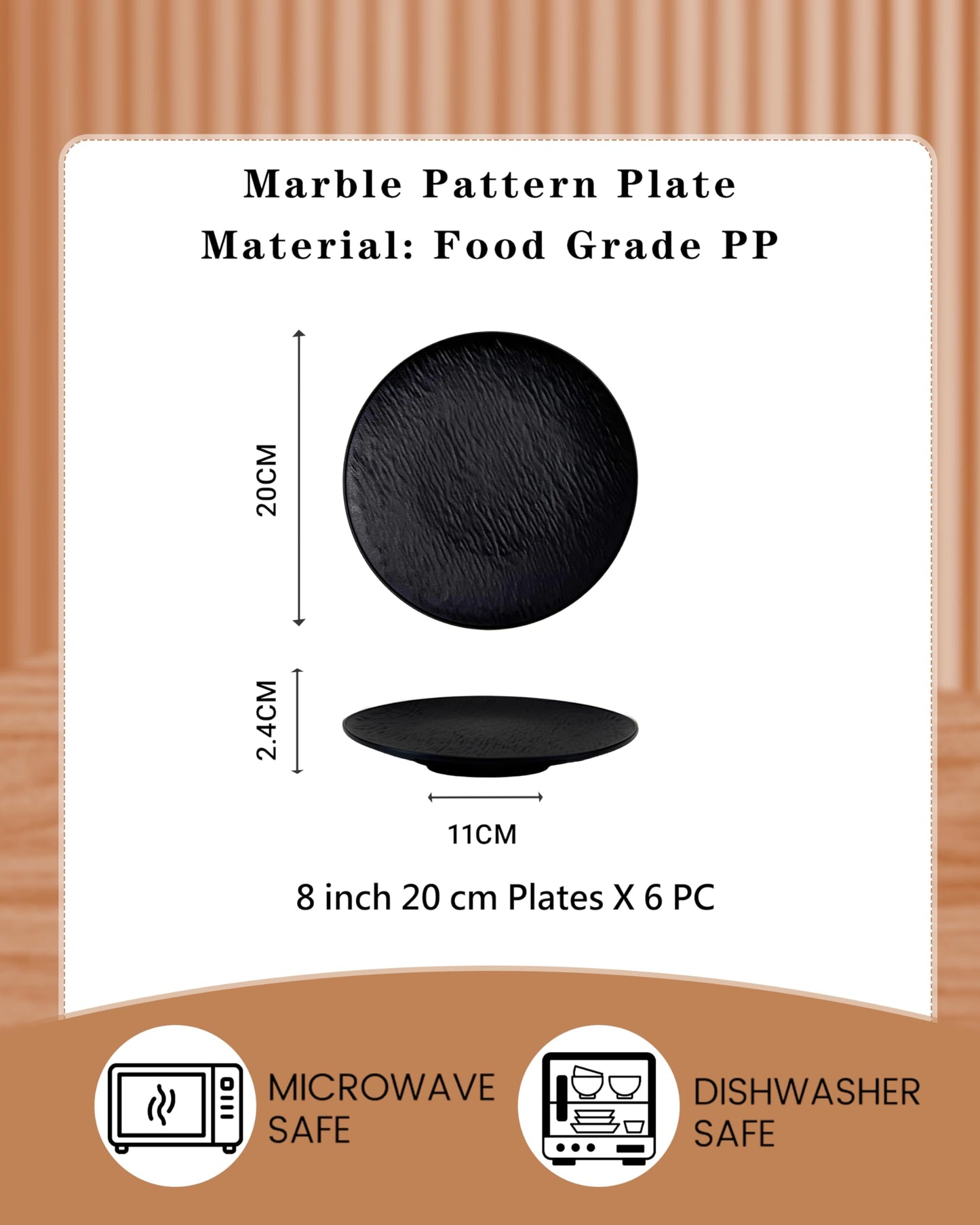 NoorooCare Reusable Plastic Plate Sets of 6, Unbreakable Dinner Plates, Dinnerware for Kitchen Camping Party and Restaurant, 8 inch,Black
