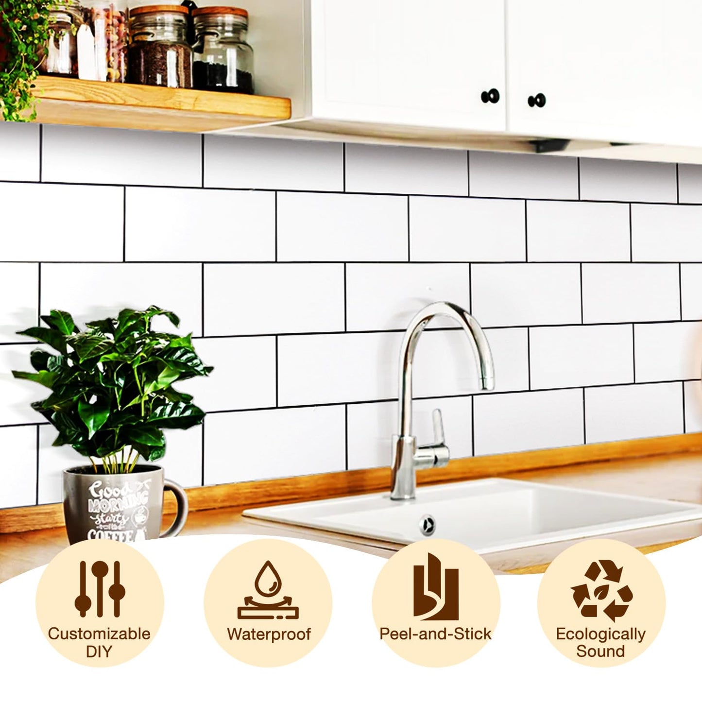 Havenly Peel and Stick Backsplash Tile for Kitchen & Bathroom Walls (White, 10 Tiles - 9.7 sq. ft. (0.9 m²))