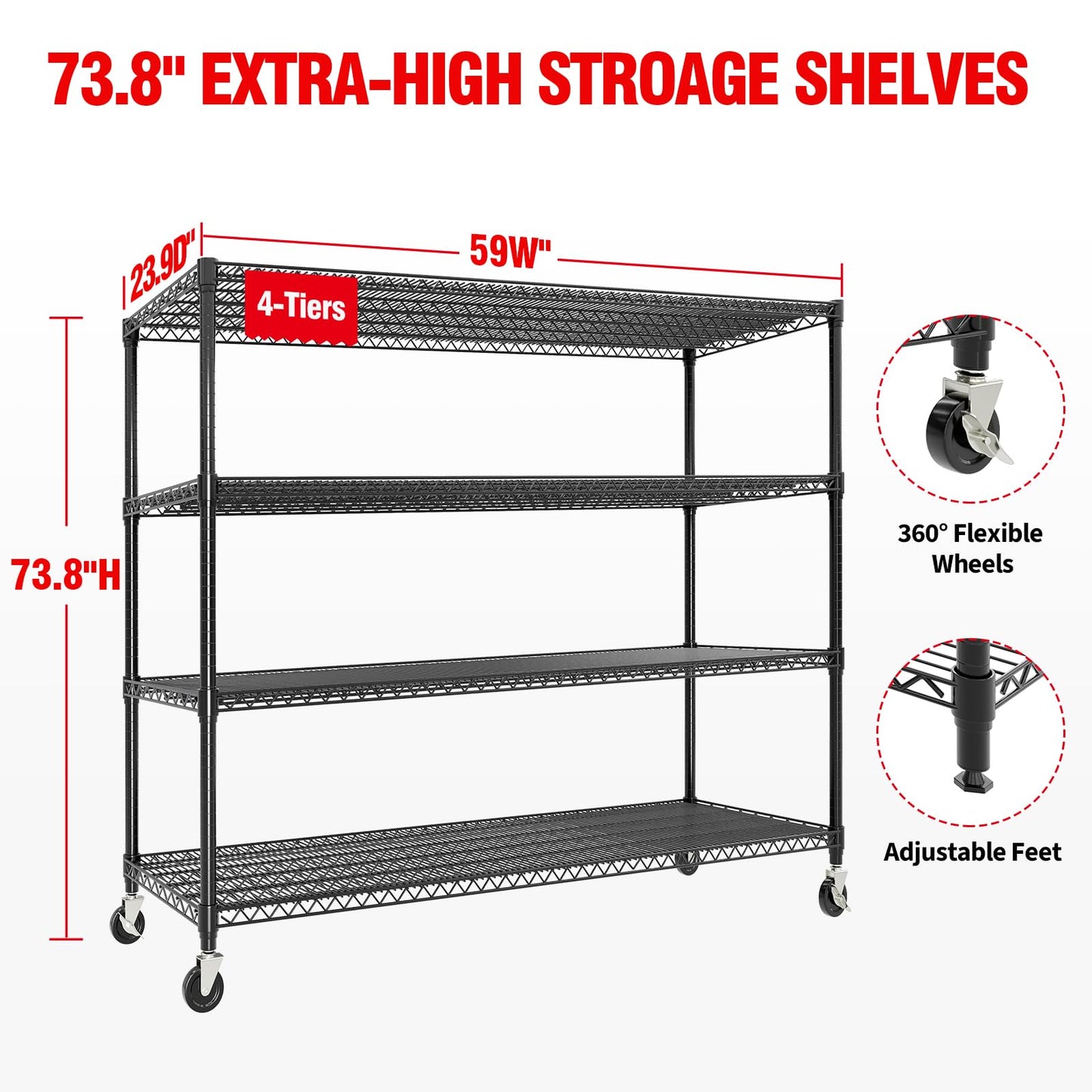 PeacefulHues 73.8" H Storage Shelves 4-Tiers Heavy Duty Shelving Unit with Wheels, 2640LBS Garage Shelving for Pantry Garage Kitchen Home Commercial, 73.8" H x 59" W x 23.9" D