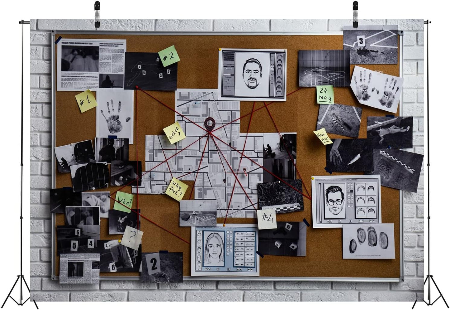 BELECO 8x6ft Fabric Spy Theme Detective Photography Backdrop Detective Board with Crime Scene Photos Fingerprint Clues