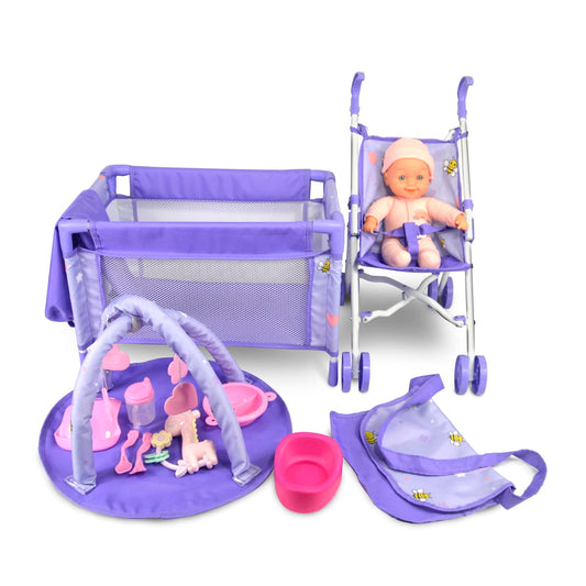 ANIVIA Baby Doll Stroller Set - Includes Stroller, Crib, Play Mat, Feeding Toy, Diaper Bag - Nursery Role Play Set (11" Doll Included)