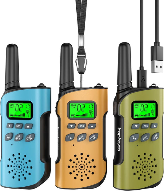 Inspireyes Walkie Talkies for Kids, Rechargeable Long Range 3 Pack, Kids Toys for Boys Girls Ages 3-12, 2 Way Radio Toy, Outdoor Adventure Toys, Camping Hiking Gear, Birthday Gifts for Kids