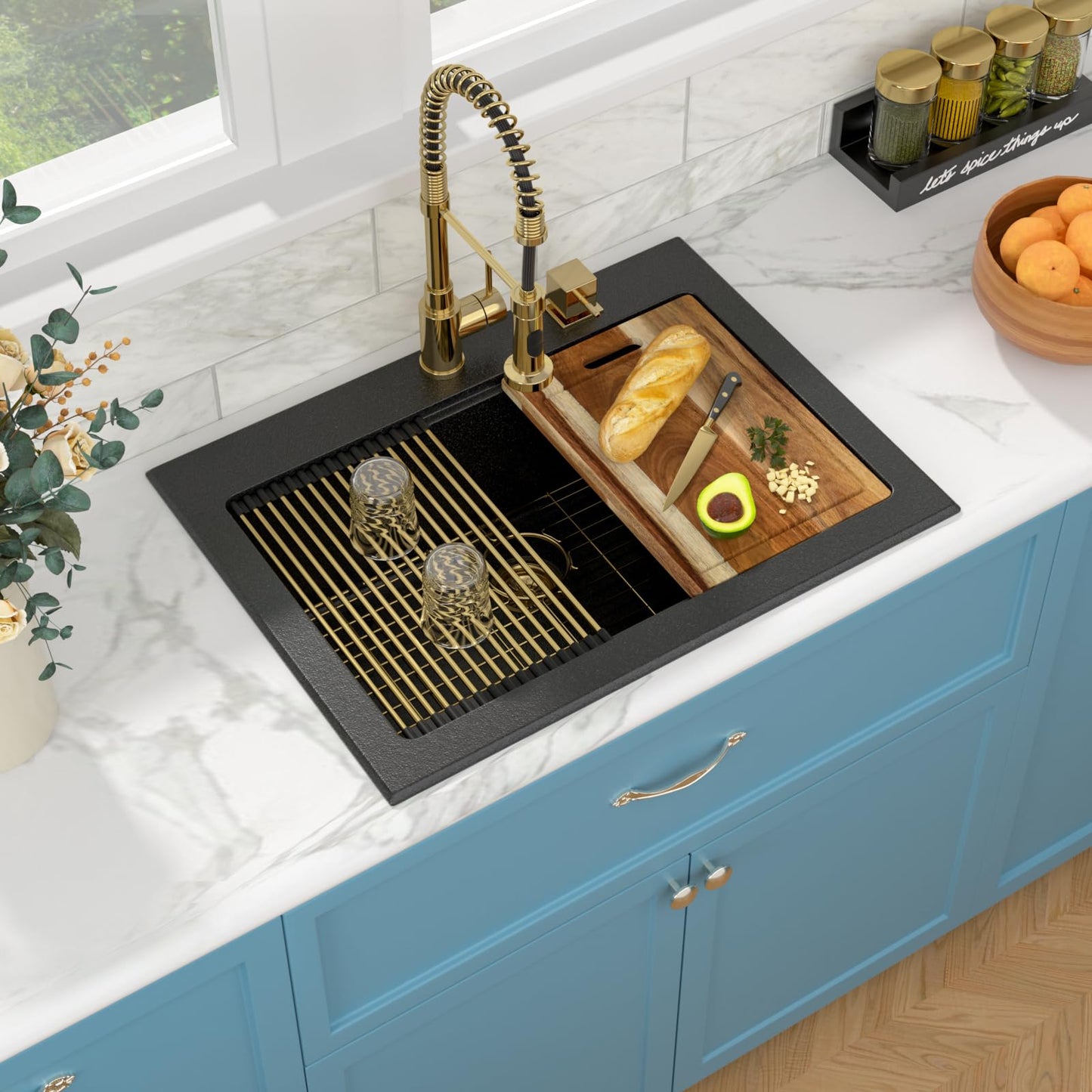 Sarlai 30 Granite Composite Black Kitchen Sink - 30"x22" Drop In Kitchen Sink Ledge Workstation Black Granite Quartz Composite Top-Mount Single Bowl Sinks Basin with Gold Accessories