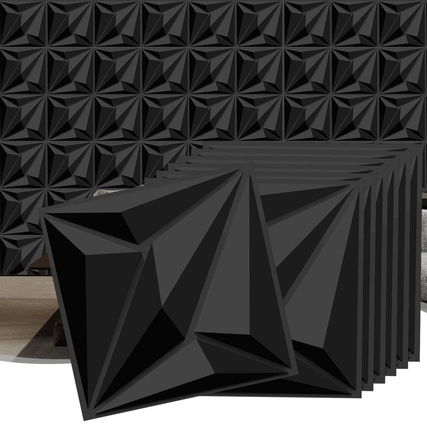 Decorative 3D Wall Panels, 33 Pack Textured PVC Tiles 12x12 Inch, Black - Covers 33 Sq Ft, Modern Wall Art for TV Wall & Game Room, Waterproof & Cuttable (Glue Required)