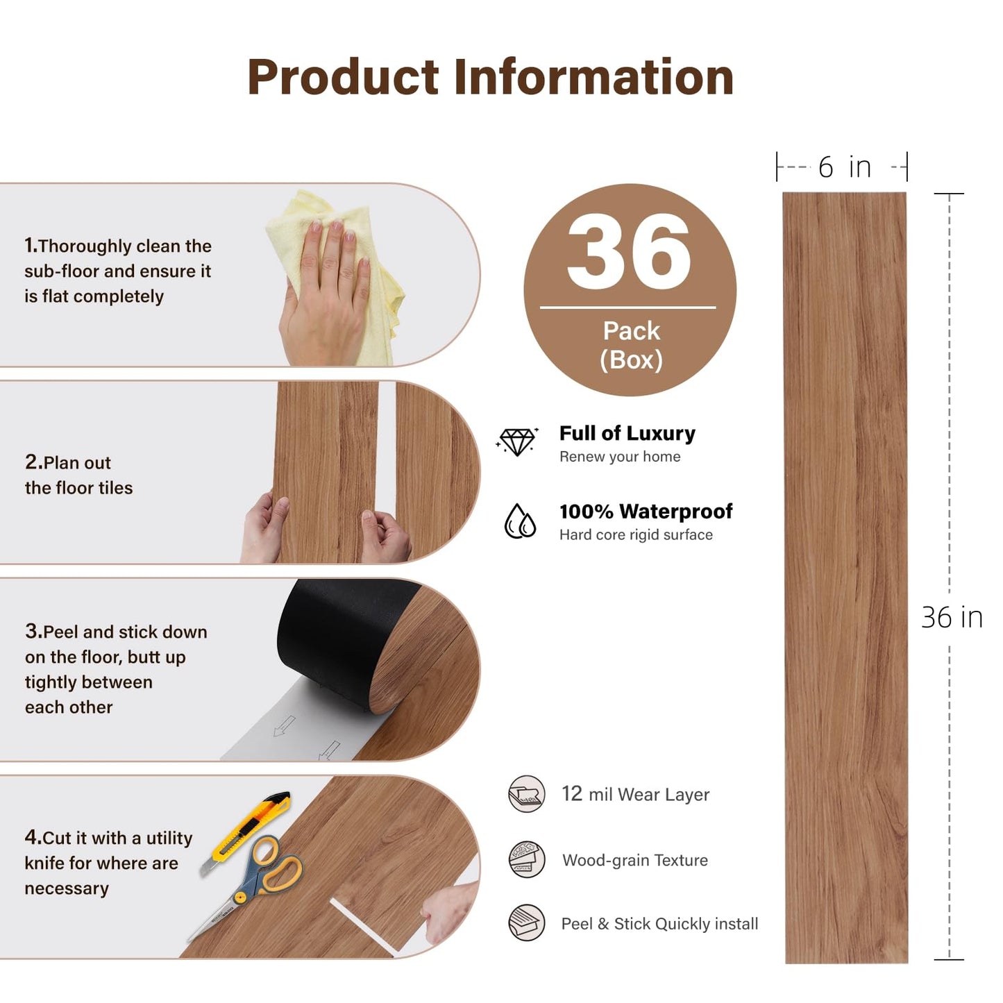 INMOZATA Peel and Stick Floor Tile Vinyl Flooring, Waterproof Vinyl Plank Flooring 36-Pack 54 Sq.Ft Wood Grain Self Adhesive Peel and Stick Flooring for Bedroom, Living Room, Kitchen, RV(Burlywood)