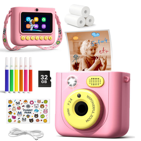 ROHSCE Instant Camera for Kids, Digital Print Camera 48MP 1080P, Color & B&W Printing, 2.4" Display, USB-C Rechargeable, 32GB Card, Christmas & Birthday Gifts for 3-12 Year Old Girls Boys (Pink)