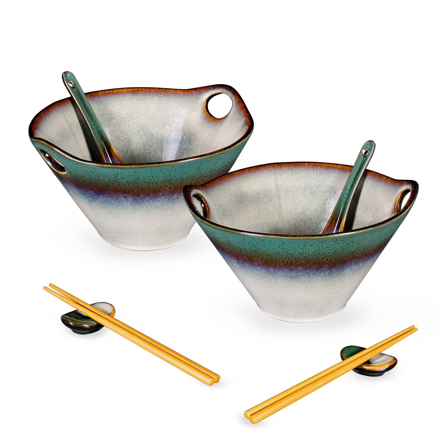 HENXFEN LEAD Japanese Ramen Noodle Bowl Set of 2-30 Oz Large Porcelain Salad Bowls with Chopsticks, Soup Spoons and Rests, Kitchen Serving Dishes for Pho, Udon - Reactive Green
