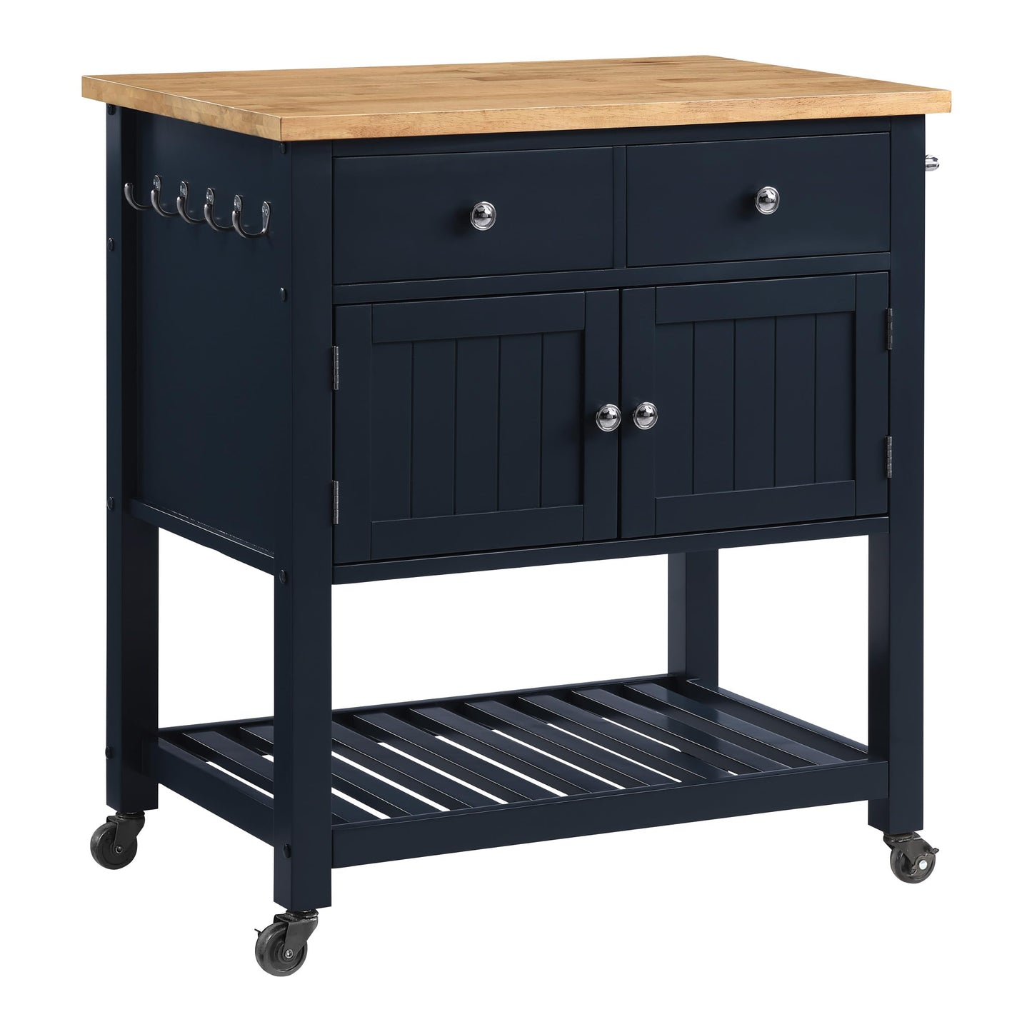 OSP Home Furnishings Stirling Farmhouse Kitchen Cart, Rolling Storage Cabinet with Drawers, Shelf, 5 Utility Hooks, Dark Blue with Natural Wood Top