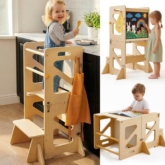 Toddler Kitchen Stool, 4 in 1 Foldable Toddler Tower with Anti-tip Structure, Montessori Learning Standing Tower for Kitchen Counter & Bathroom Sink, Kitchen Stool Helper for Kids 18M+