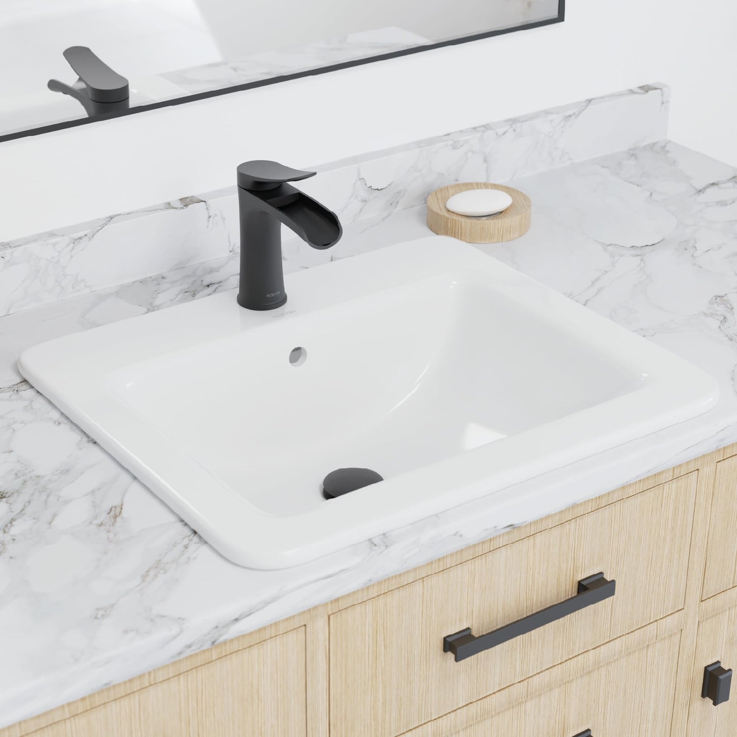 Karran Valera 21" Rectangle Top Mount Bathroom Sink in White – Vitreous China Vanity Bowl – Rear-Center Drain, Overflow, Gloss Finish – Inside Bowl 16.5" x 11.25" x 5.5" – VC-204-WH