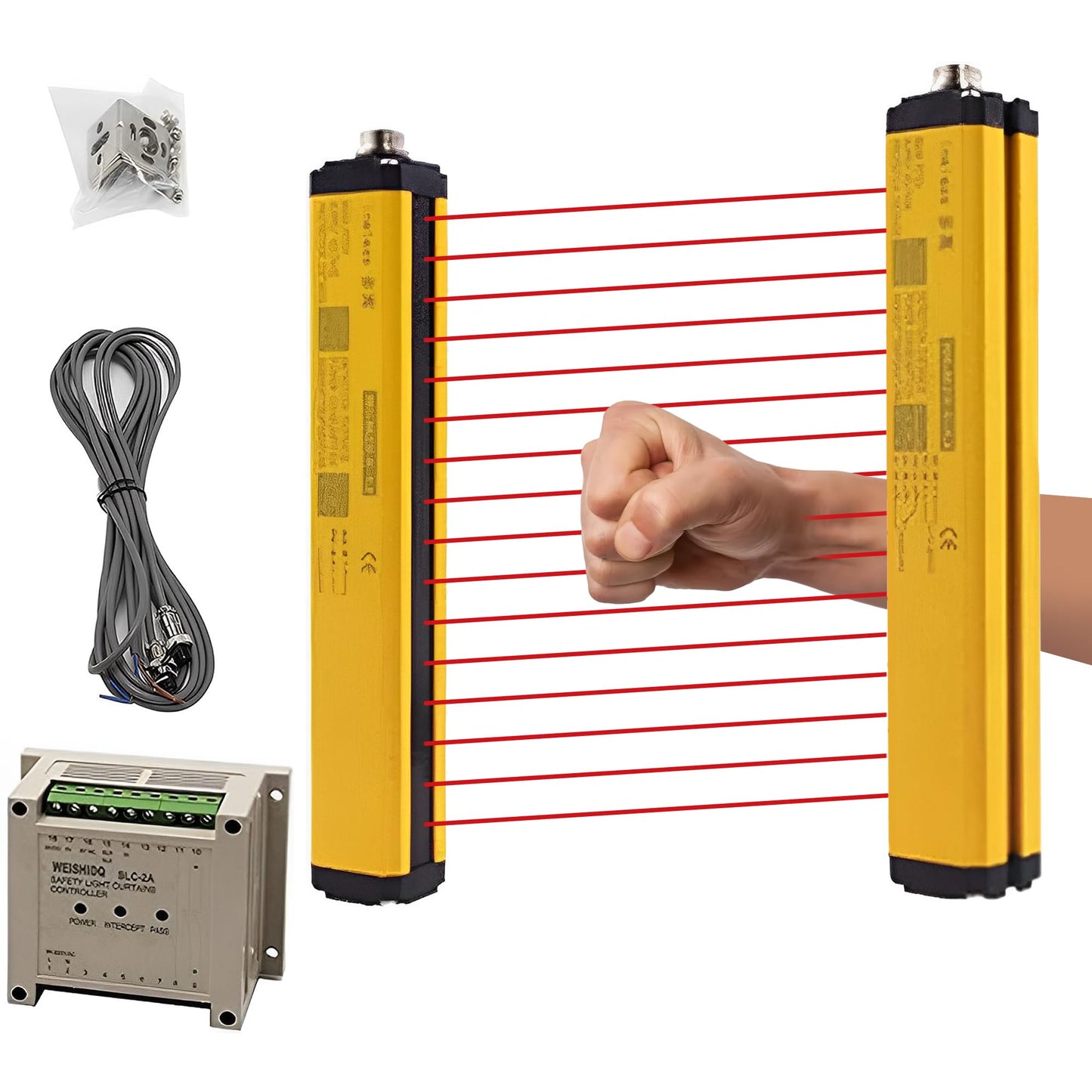 CGOLDENWALL Safety Light Curtain Sensor Light Screen Sensor Infrared Radiation Detector Safety Grating Punch Protector Hand Protection (Beams: 16, Beam Pitch: 40mm)