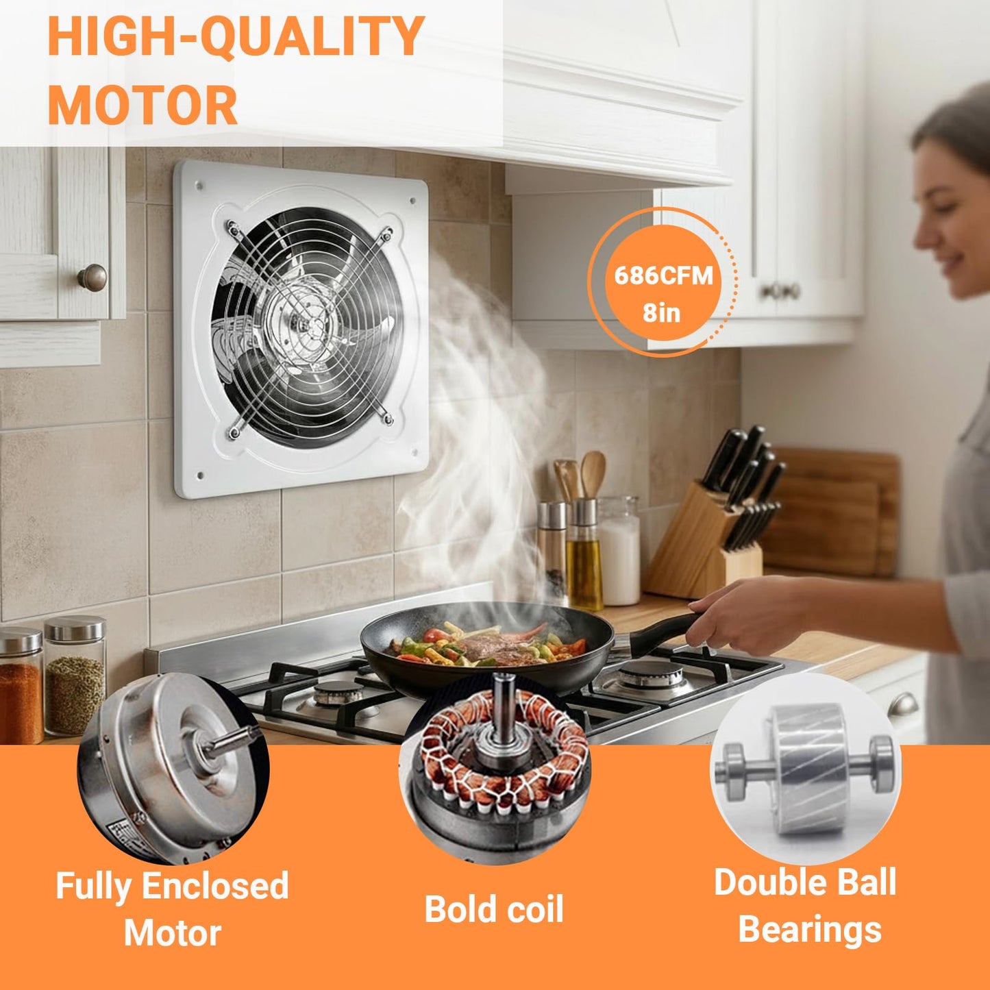 8 inch Exhaust Fan, 686CFM Wall Mounted Vent Fans, Ventilation Blower for Ceiling Bathroom Attic Window Basement Ventilation Fan, 110V 80W