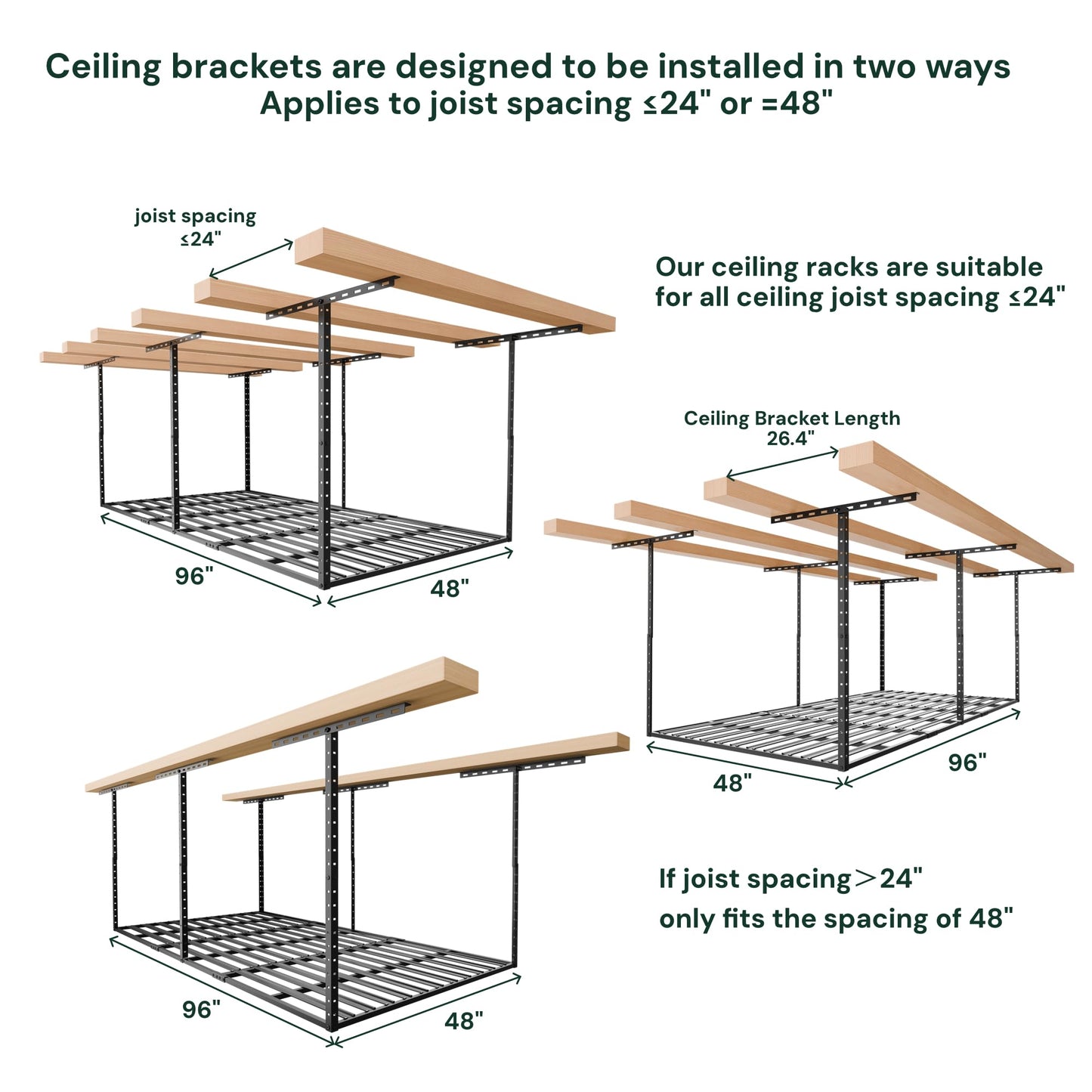SunsGrove 4x8 Garage Storage Overhead Rack Organization, Adjustable Ceiling Mounted Storage Racks, 800LBS Weight Capacity, 22"-40" Ceiling Dropdown, 2 Pcs, Hammertone Black