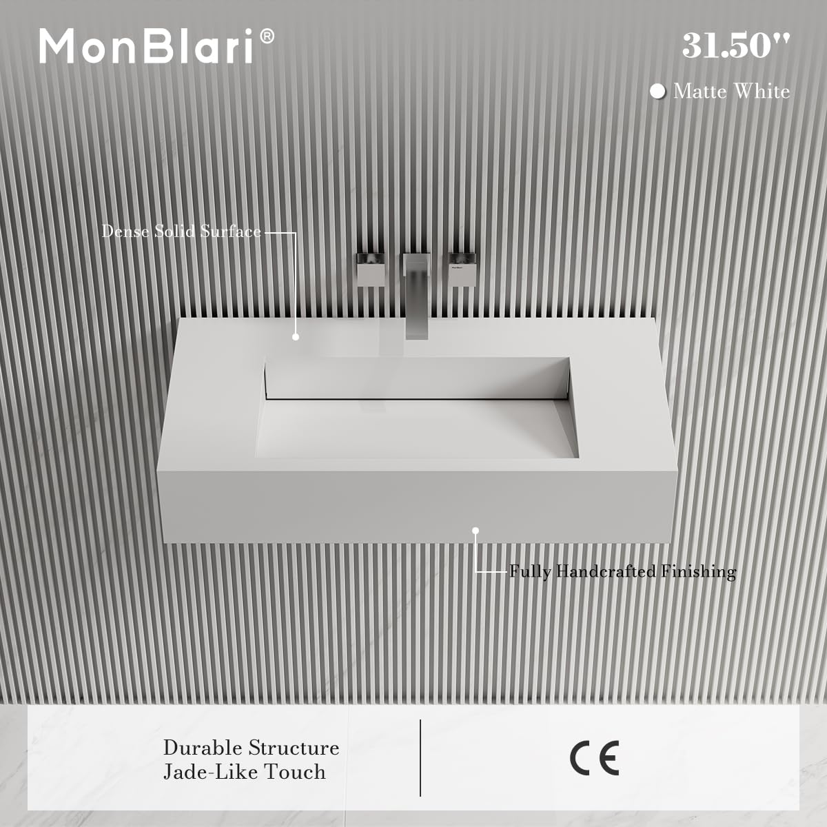 MonBlari 32" White Stone Resin Rectangular Vessel Sink, Wall-Embedded Drain V-Shaped Floating Bathroom Sink, Modern Art Basin for Vanity，Matte White