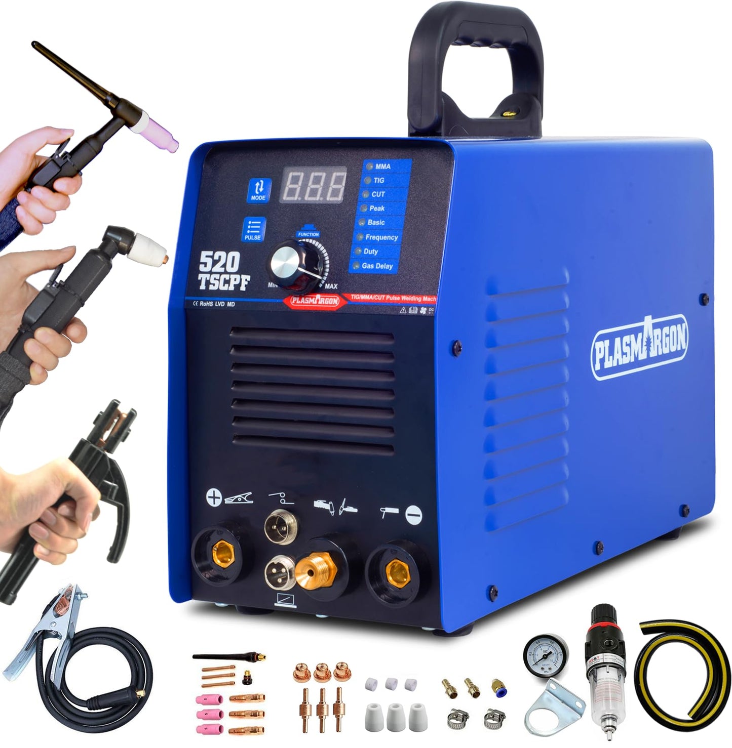 Plasma Cutter TIG Welder With PULSE Stick Welder Machine 520TSCPF Plasma Cutter Welder Combo 200A TIG/ARC Welding 50A Air Plasma Cutting Dual Voltage 110/220V 1/2" Clean Cut Upgrade Digital Panel
