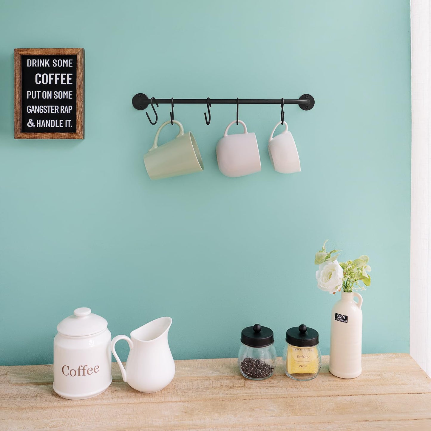 Mkono Mug Holder Wall Mounted Coffee Cup Rack Hanger Modern Metal with 5 Mug Hooks Rustic Utensil Tea Cups Storage Organizer for Kitchen Dining Room Coffee Bar,Black